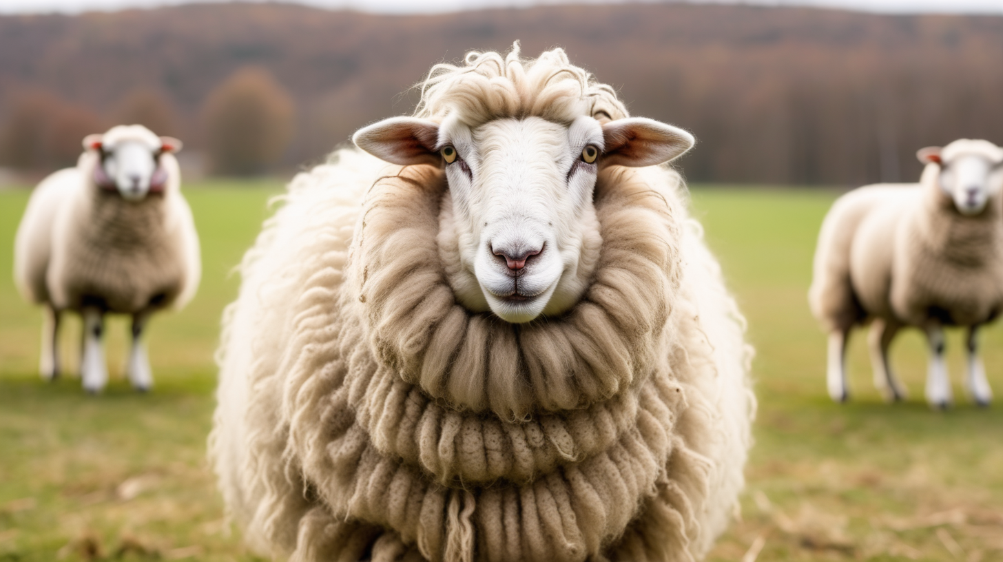 Portrait woolly sheep on the farm, isolated on field background, copy space, photo shoot