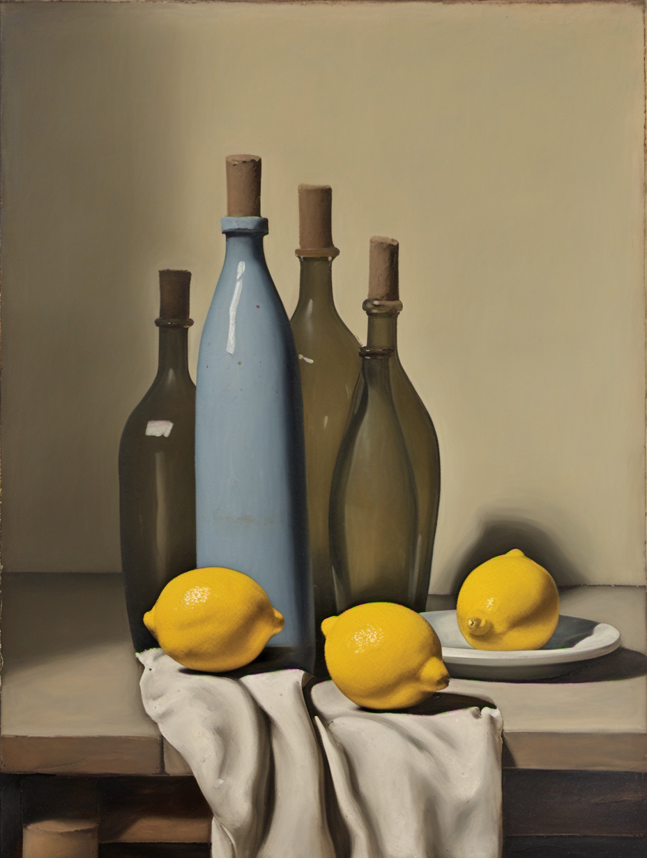 [morandi], stilles stilleben, ölbild, flaschen, teller, überreife zitrone