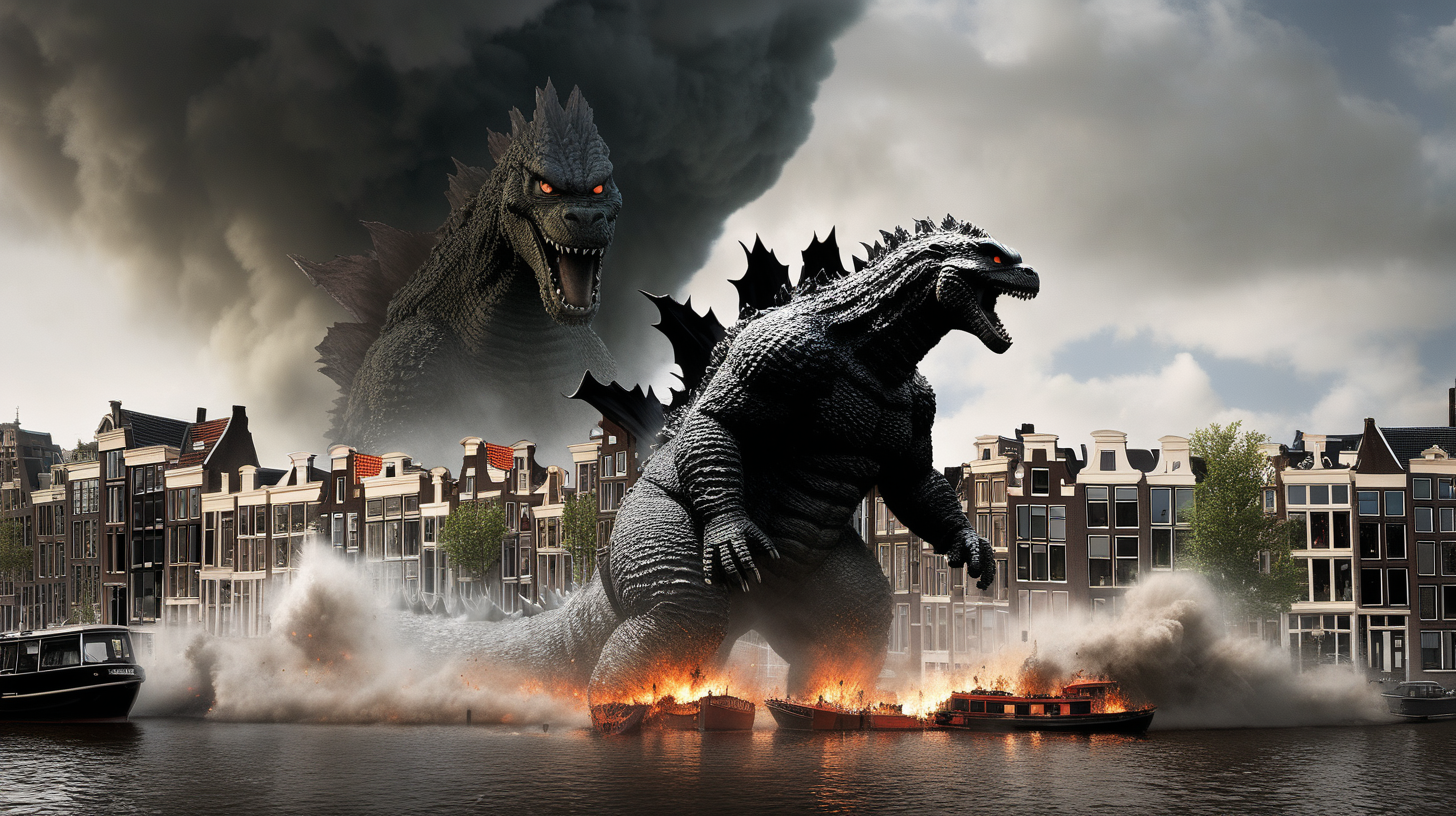 Godzilla destroying Amsterdam