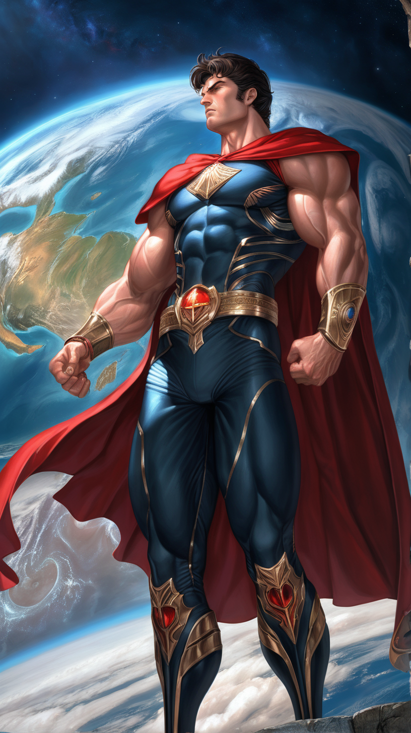 A god with muscles looking over the earth with short dark hair and a red cape