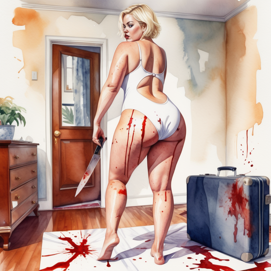 sexy big curvy blonde woman, short hair, wide hips and big ass, wearing a white swimsuit, with a knife in her blood-stained hand, stepping on top of a large suitcase on the floor of a living room in a house, image based in watercolor paint.