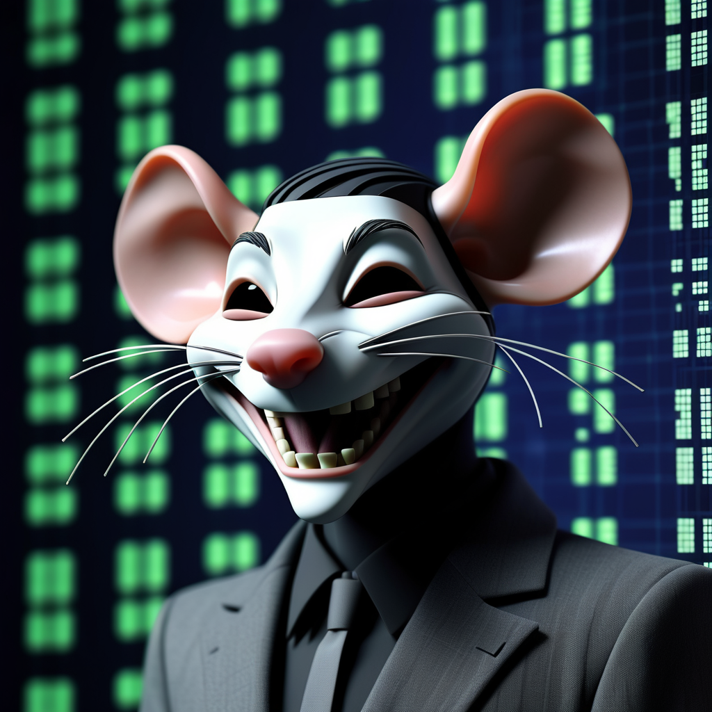 mascara 3d de um rato hacker anonimo sorrindo assustador
em fundo matrix mexendo no facebook
