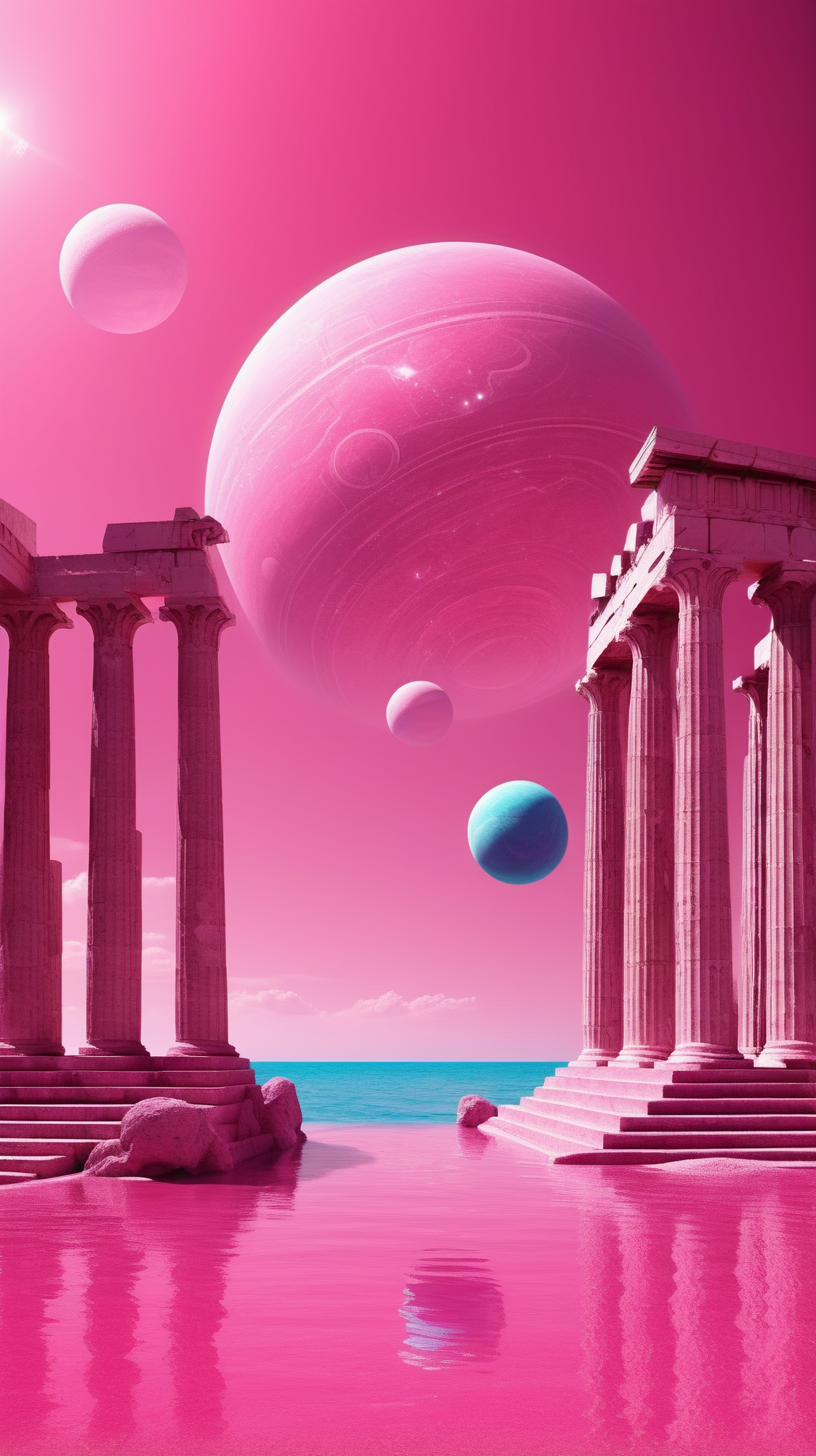 fantasy pink beach, greek temples, surreal, planet on the sky
