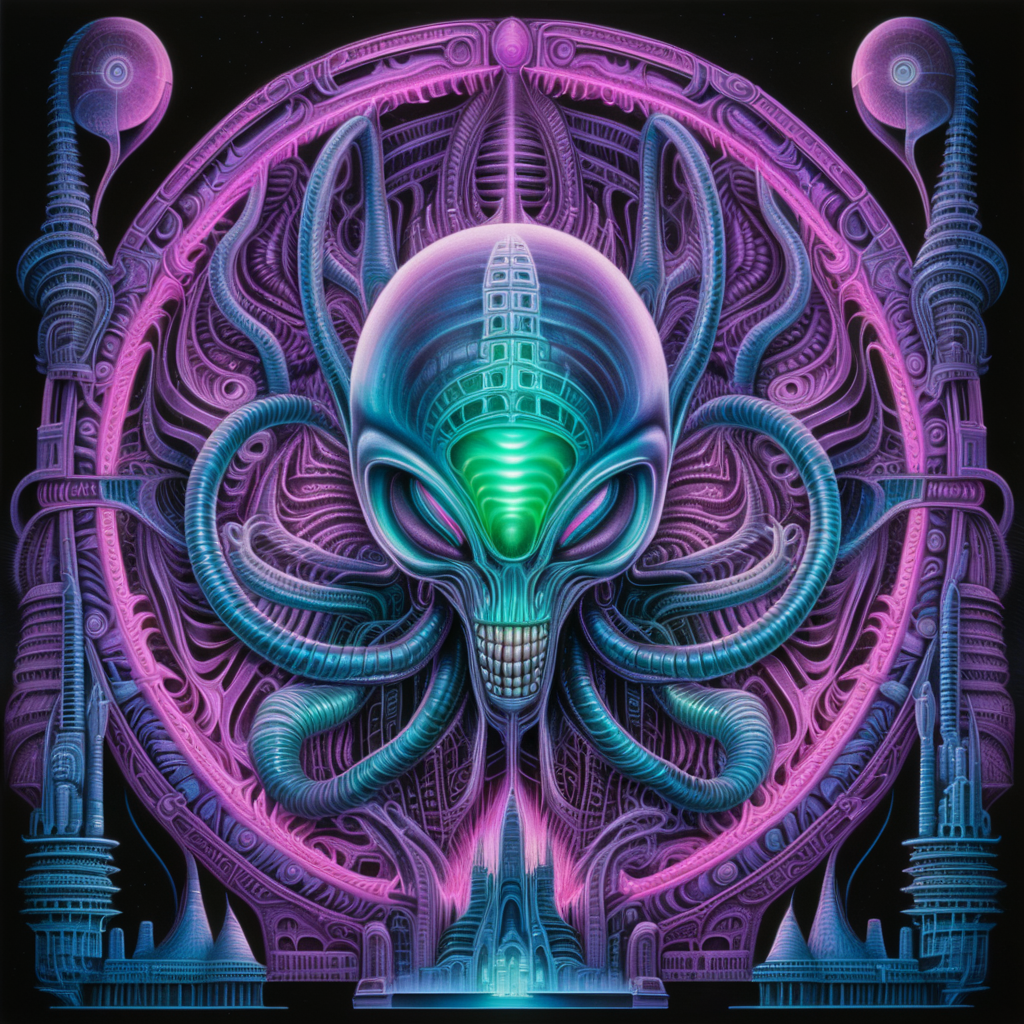 neon colors, clear lines, detailed, symmetrical mandala, alien city in style of H.R Giger