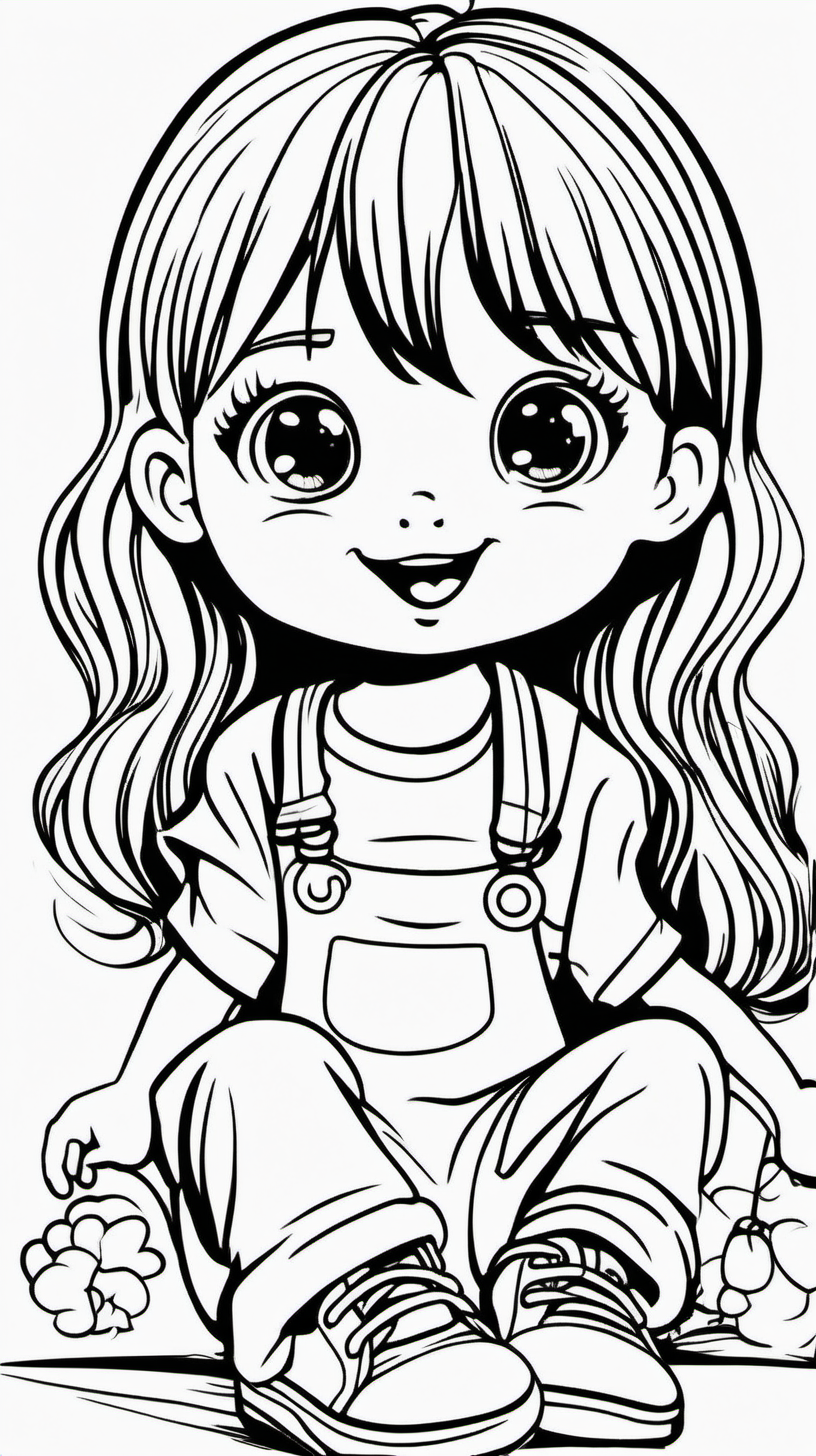 Little girl playing with a toy very happy. Coloring page for toddlers, basic cartoon, kawaii style, black and white, ink lines, smooth, anime style, simple, cute eyes, full body, white shoes, sketchbook, realistic drawing, free lines, on paper, character, art Clean, highly detailed line with no shadows