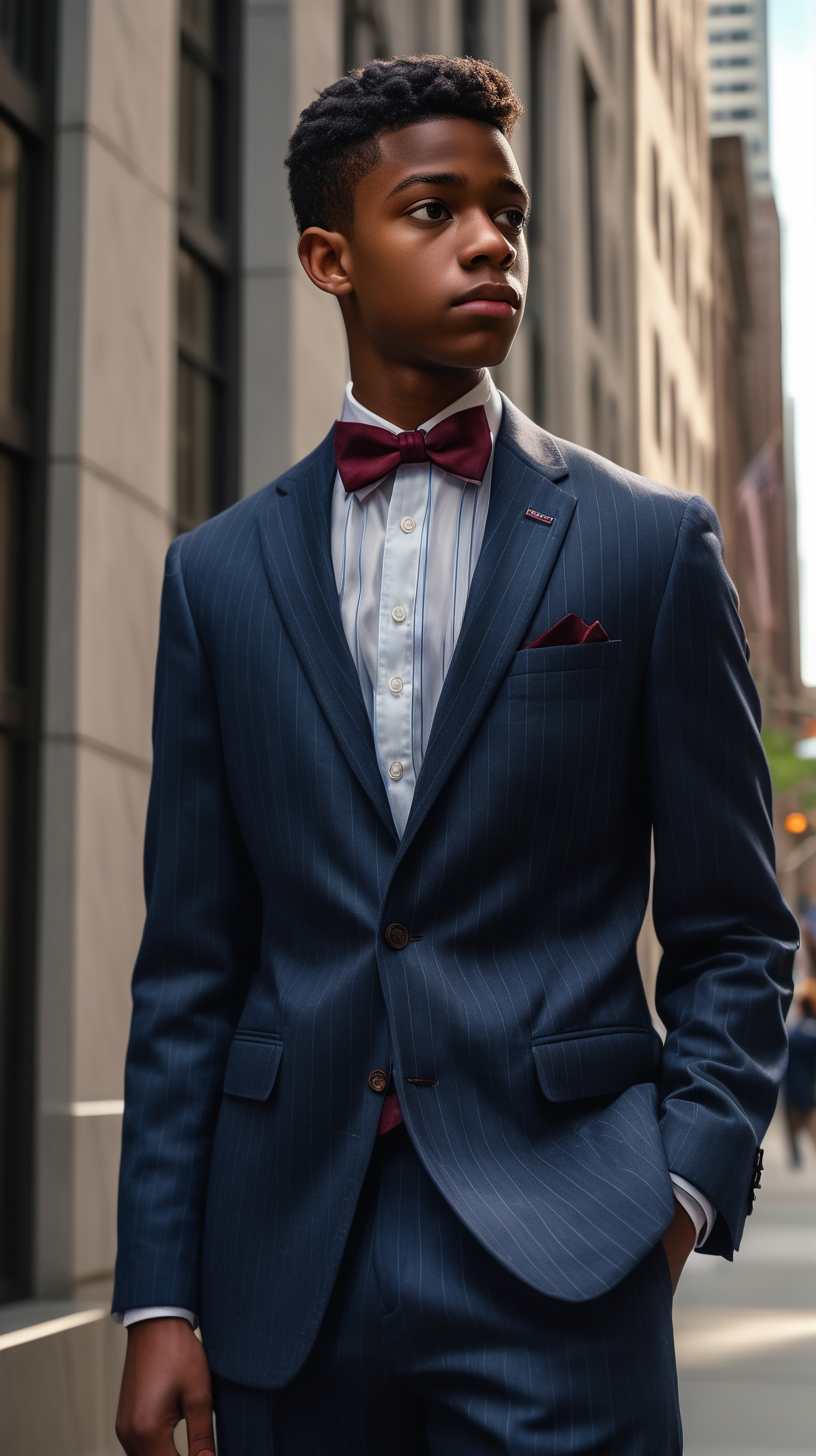 A handsome, intelligent black, male, teenager, with short hair, faded on the sides, wearing a Burgundy, Harvard striped, bowtie, wearing a white, dress shirt, wearing an Admiral Blue two peice, gently tailored suit, standing outside of a corporate building, on Walstreet, in Ultra 4K, High Definition, full resolution, hyper realism