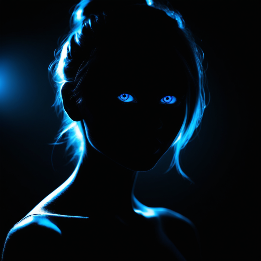 black silhouette of a girl blue eyes shadow