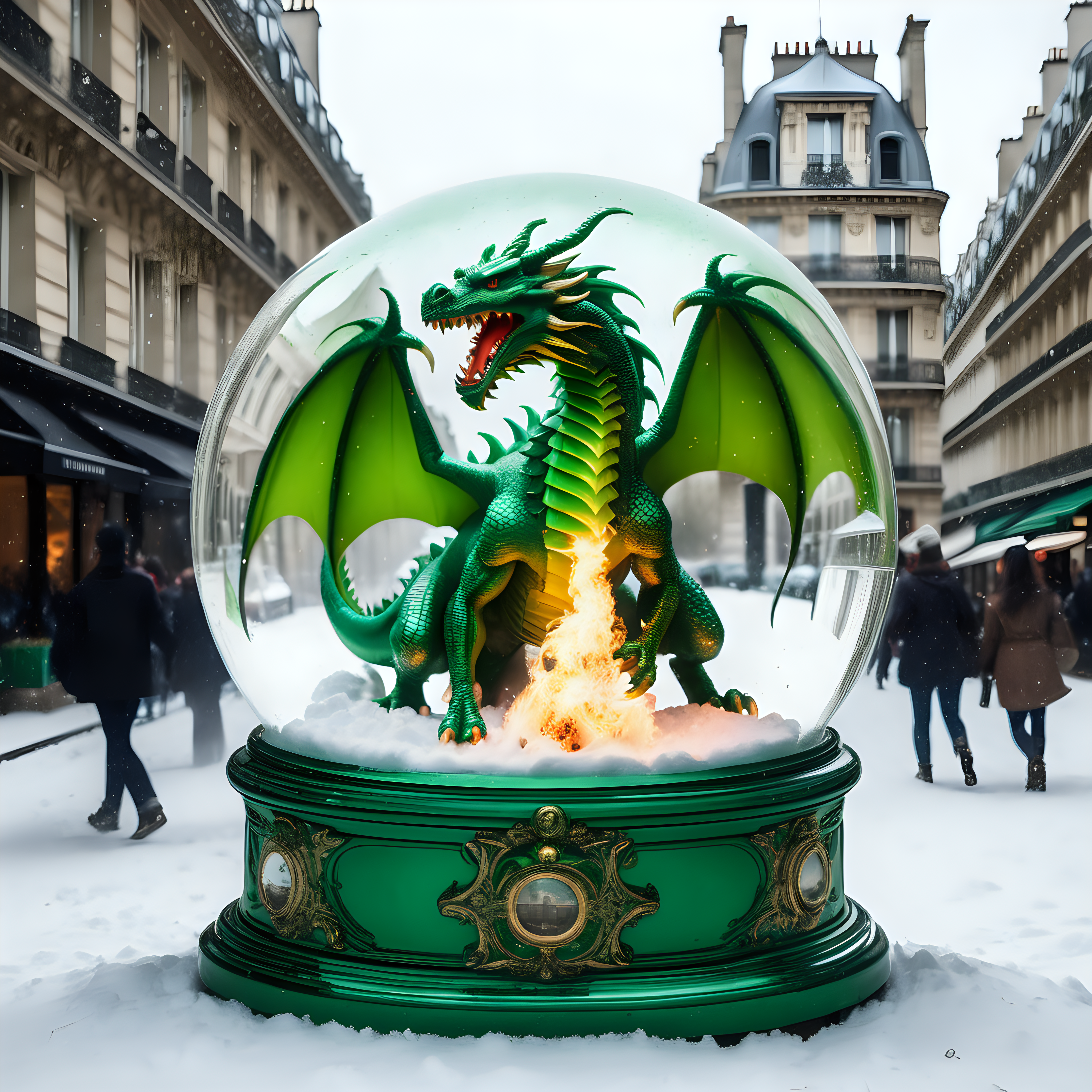 green 2 headed fire breathing dragon destroying Paris
