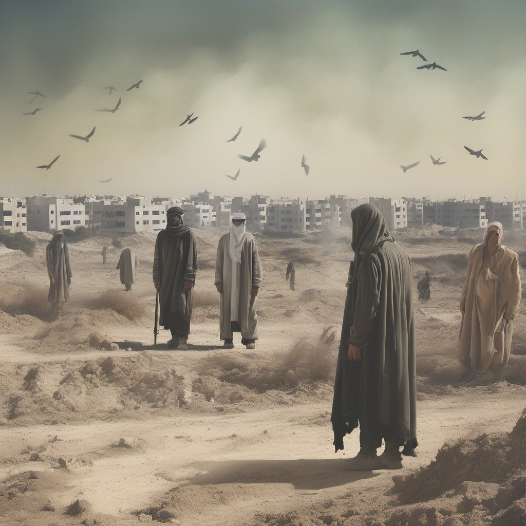 Legacy of the Battles: A contemplative landscape of Gaza, with ghostly figures of past warriors and civilians overlaid, using a subdued, nostalgic color palette to reflect on the enduring legacy of the conflict.
