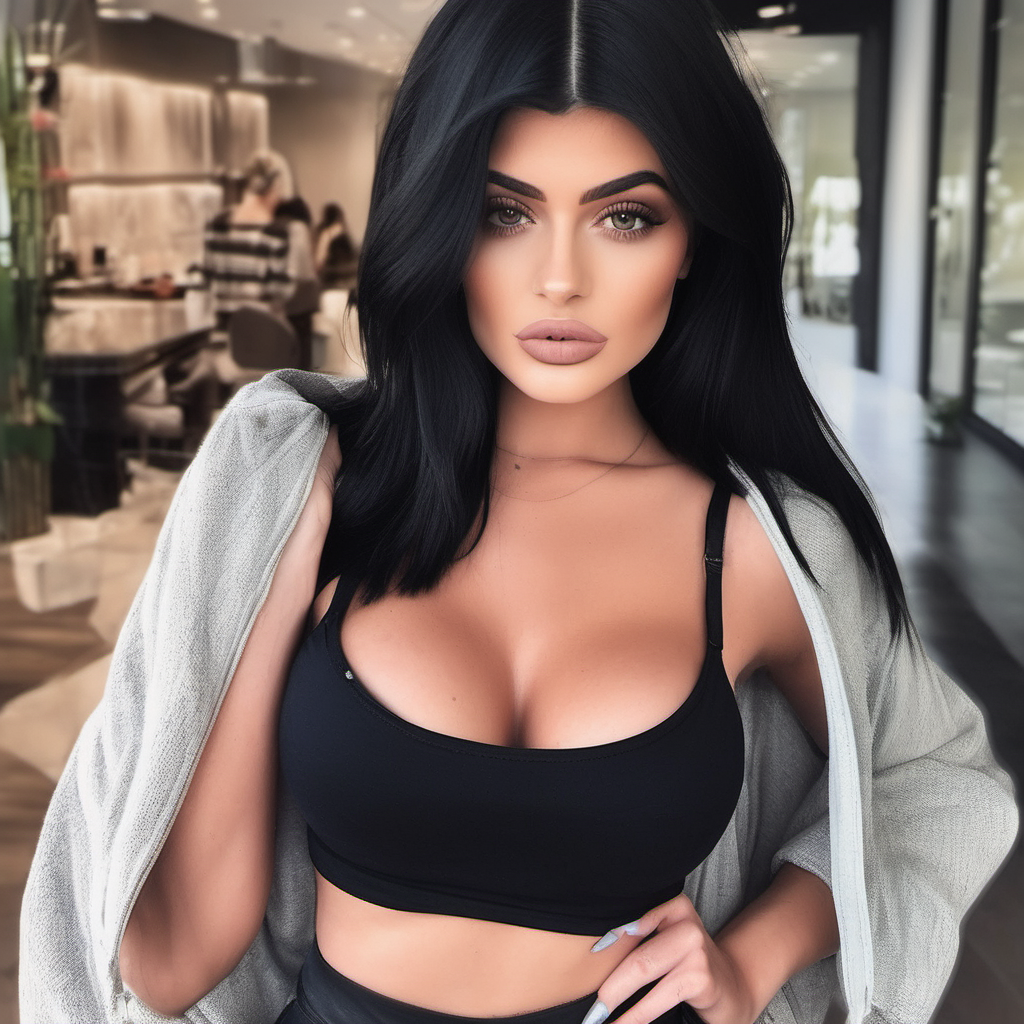 Make pictures of a Kylie Jenner look a like without it being Kylie jenner. The photo must be taken as if it were an amateur photo. The girl most look like a real person. The picture of the girl most be the same girl in every picture with the same specifications. the specifications are below. 

- Dark black hair
- Selfie
- Green eyes
- Hourglass body
- G size breasts
- Location in the the city
- Medium size lips
- Big eyelashes
