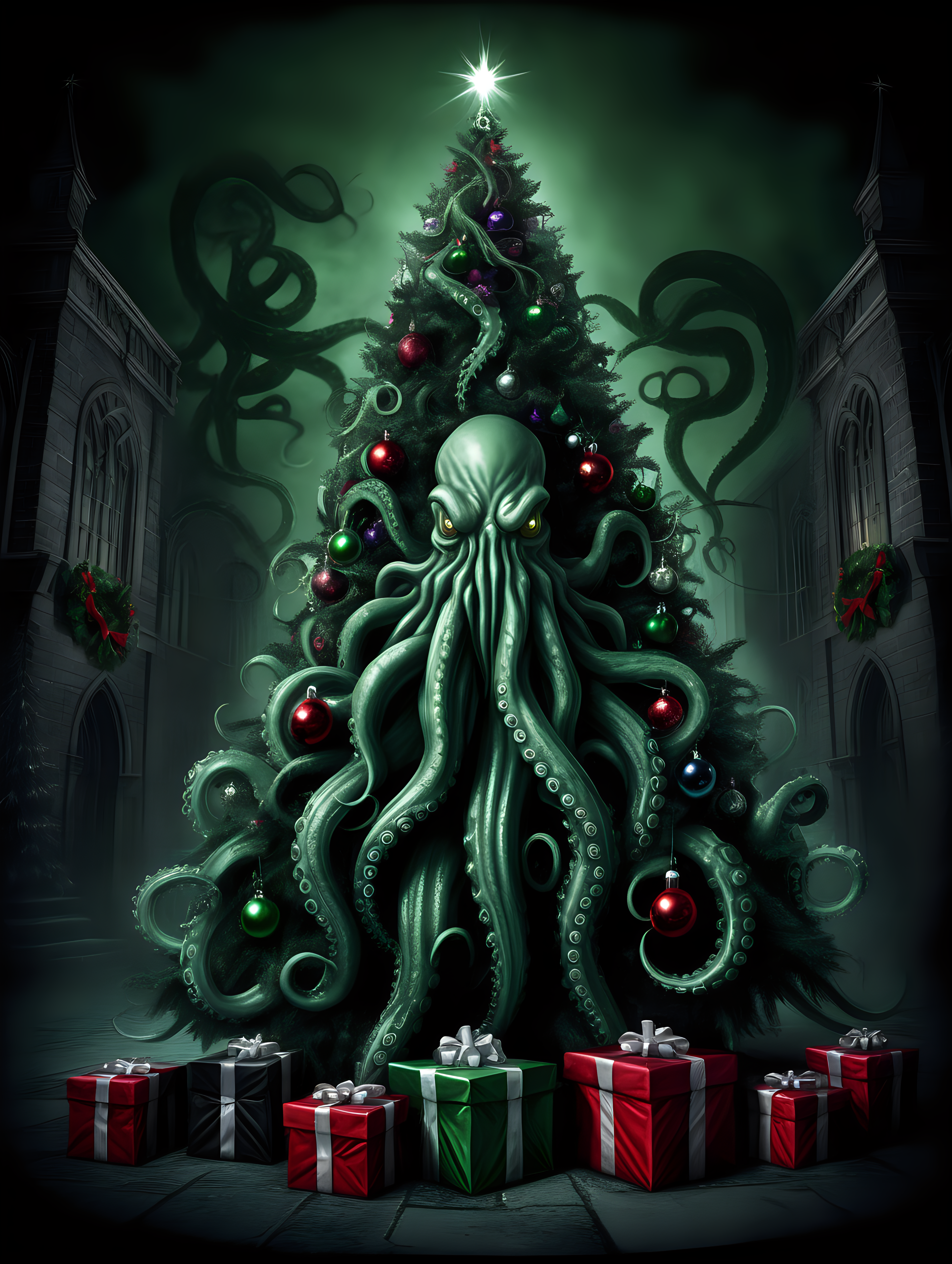 Gothic Christmas tree with Cthulhus tentacles reaching through