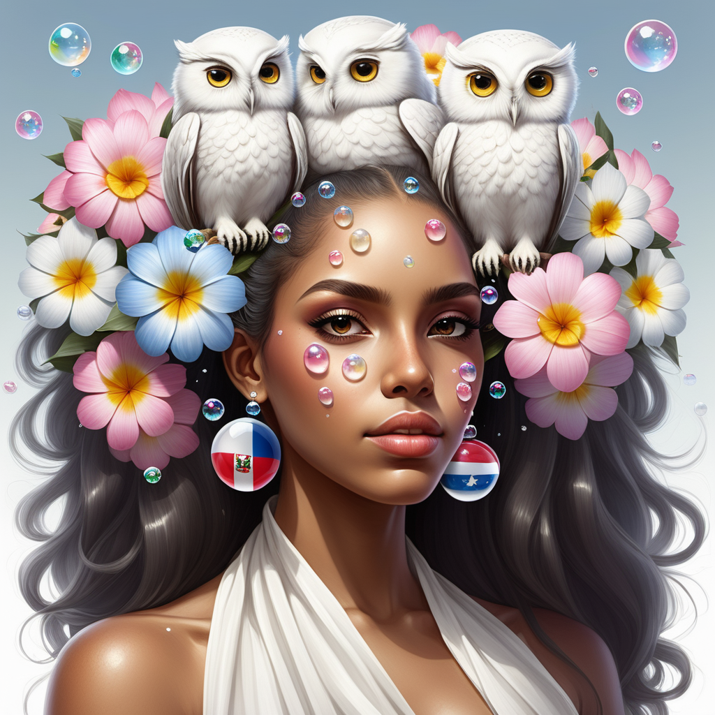  Exotic Dominican woman with soft-looking pastel flowers that melt in her hair

twelve floating crystal balls look like bubbles in the air
 
 Dominican flag 
 and white owls

Dominican flag
