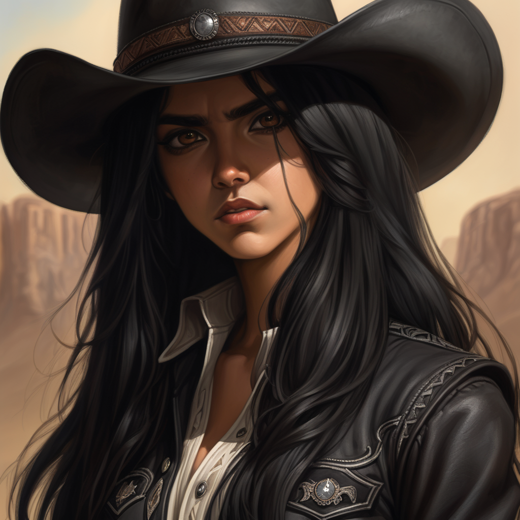 black cowboy hat, black hair, long hair, brown eyes, evil, Latin, female, semi realism, western