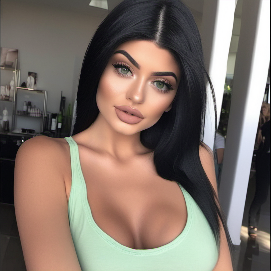 Make pictures of a Kylie Jenner look a like without it being Kylie jenner. The photo must be taken as if it were an amateur photo. The girl most look like a real person. The picture of the girl most be the same girl in every picture with the same specifications. the specifications are below. 

- Dark black hair
- Selfie
- Green eyes
- Hourglass body
- G size breasts
- Location in the the mall
- Medium size lips
- Big eyelashes