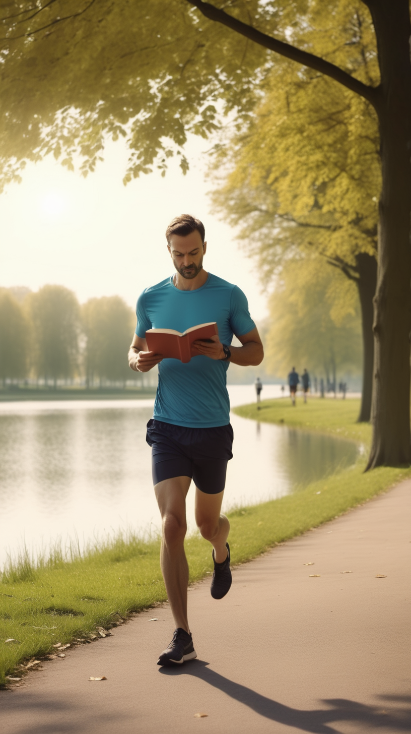 man going for a morning jog in the park near a lake, whilst reading a book at the same time 4k