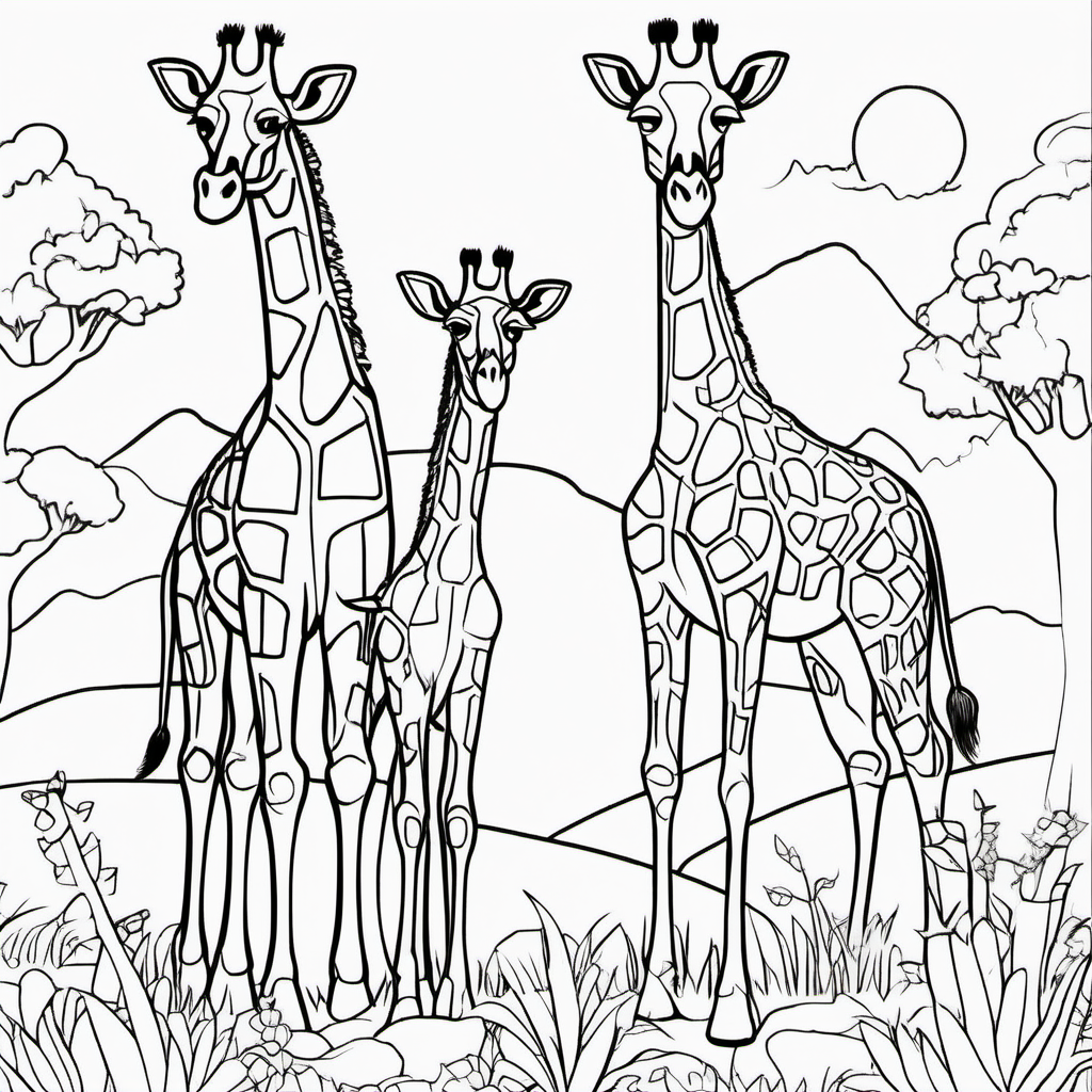 /imagine colouring page for kids, Giraffe family Delight, thick lines, low details, no shading --ar 9:11