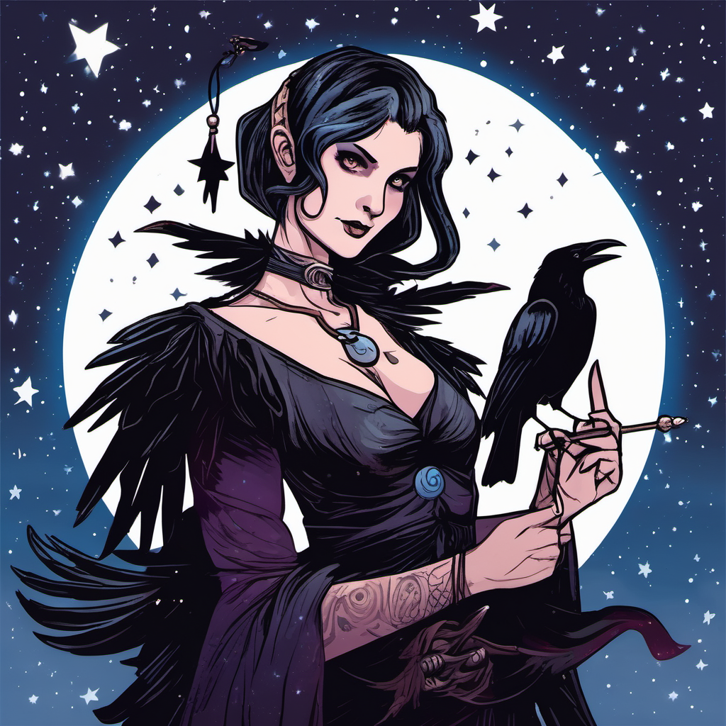 Morrigan with a crow and a wand on
