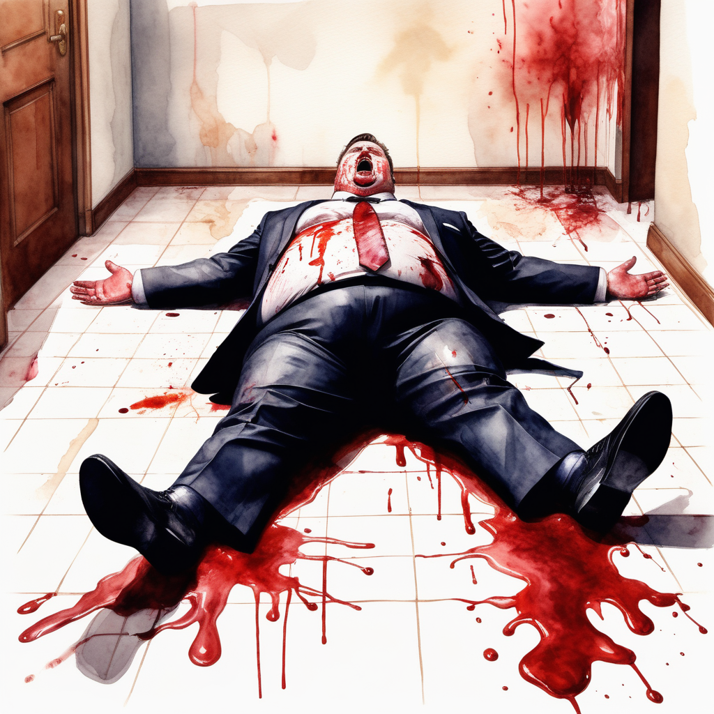 fat man in a suit and tie stained with blood lying on the floor of a room face up as if he were dead with his mouth open and eyes bulging, image based in watercolor paint.