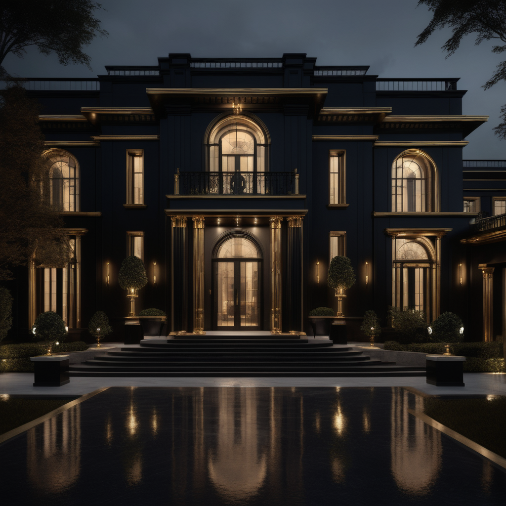 hyperrealistic of a modern Bruce Wayne inspired mansion; mood lighting; Black and brass
