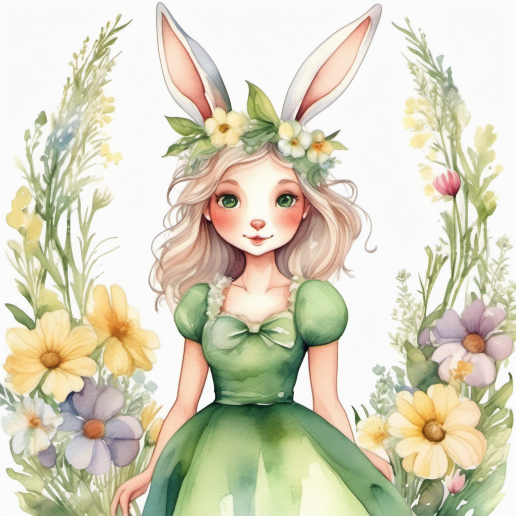 
sticker, easter girl bunny, green dress, flowers around the ear,   so cute,  big, watercolor
fairytale, 
 incredibly high detail, 16k, octane rendering, gorgeous, wide angle.