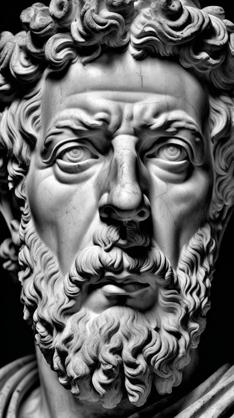 /imagine photo of Marcus Aurelius's face in black and white facing forward
