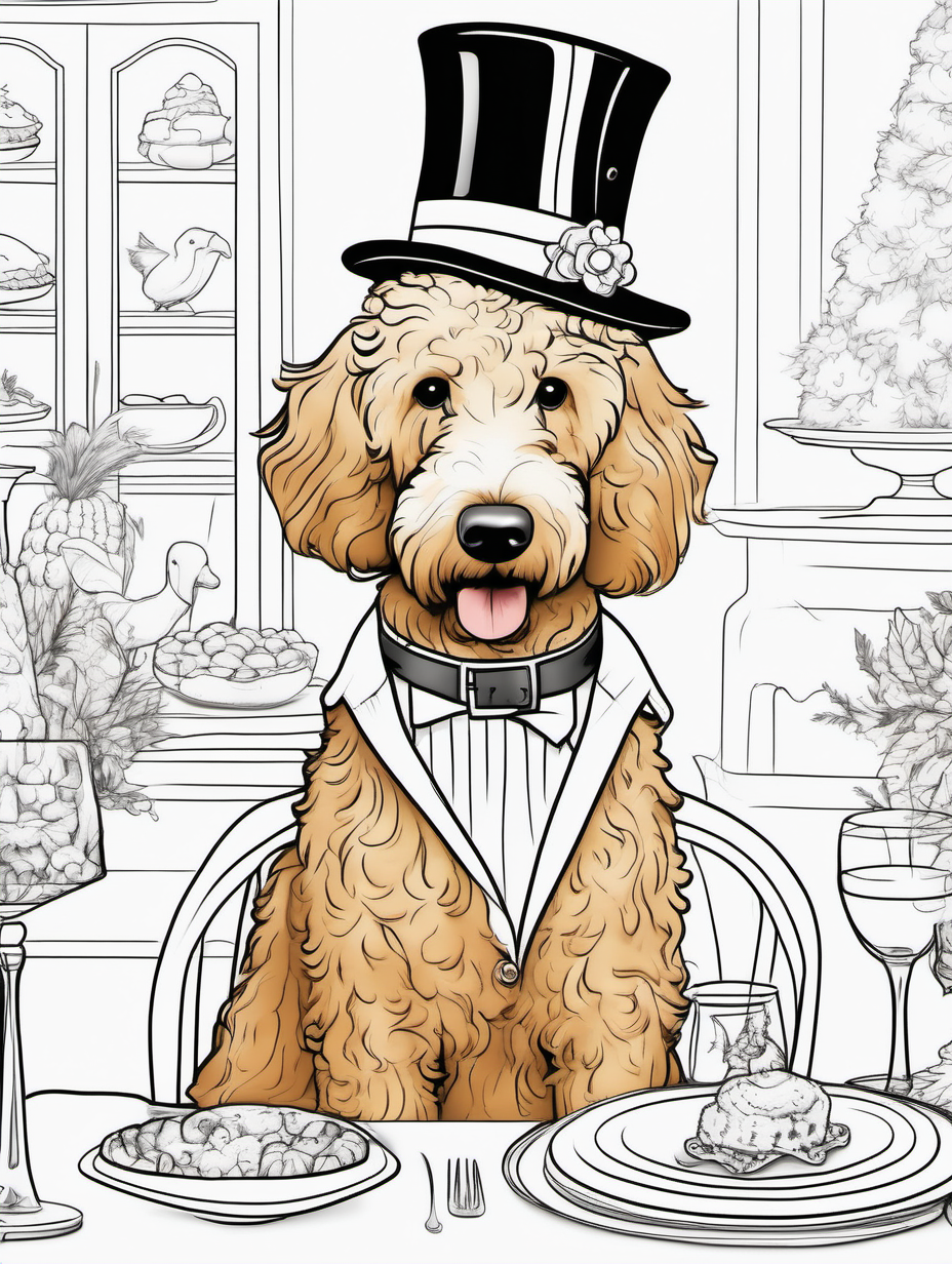 A cute female goldendoodle at a whimsical thanksgiving dinner with other animals dressed in fancy attire for a coloring book with black lines and white background