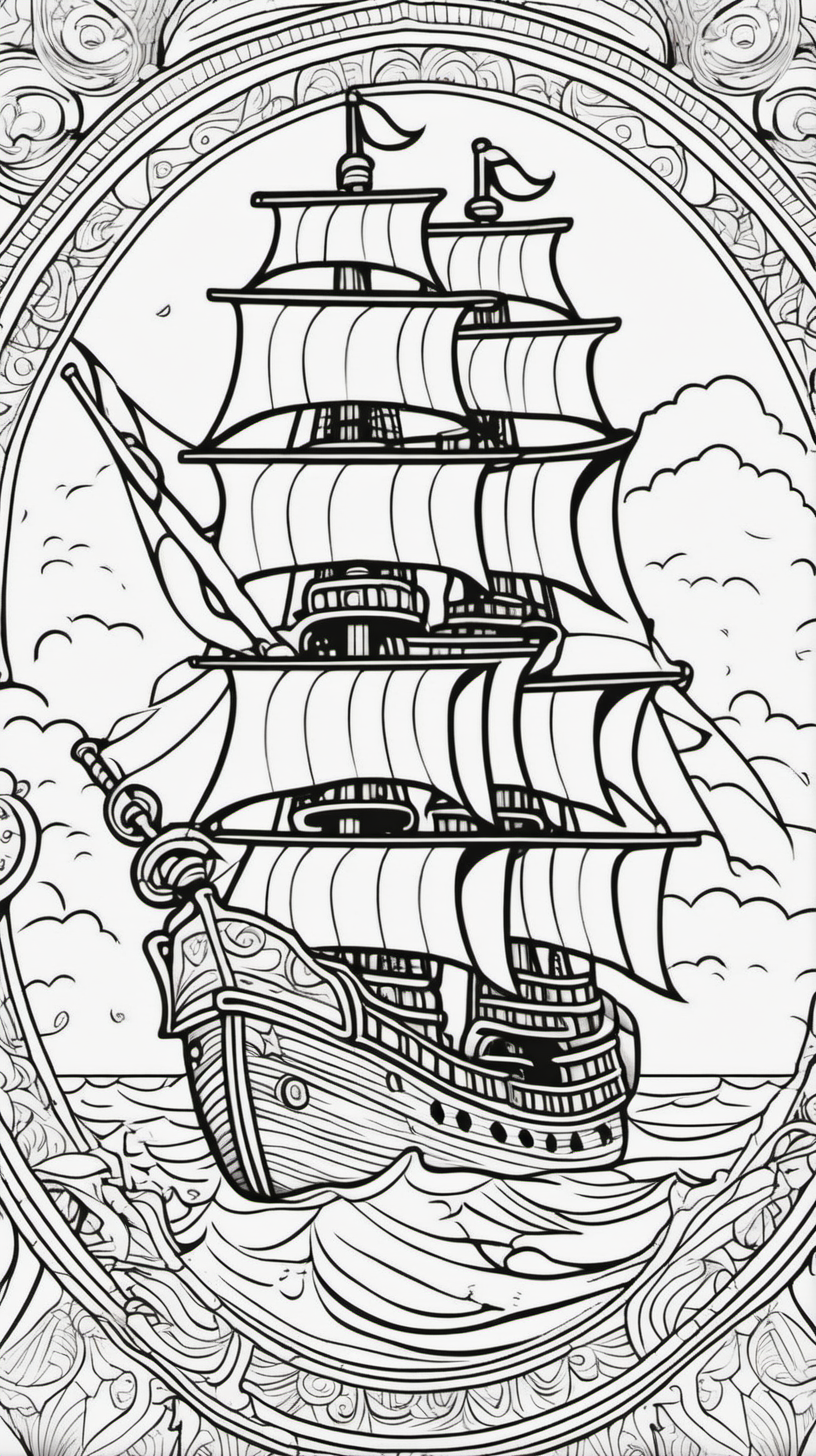 pirate ship, mandala background, coloring book page, clean line art, no color
