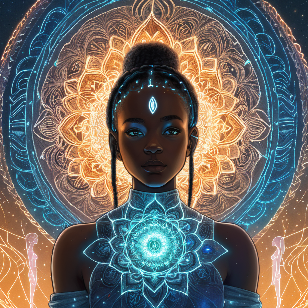 book cover design for a sci-fi story about love between a young white woman and a young black woman in the middle of a mandala made of glowing threads of fate