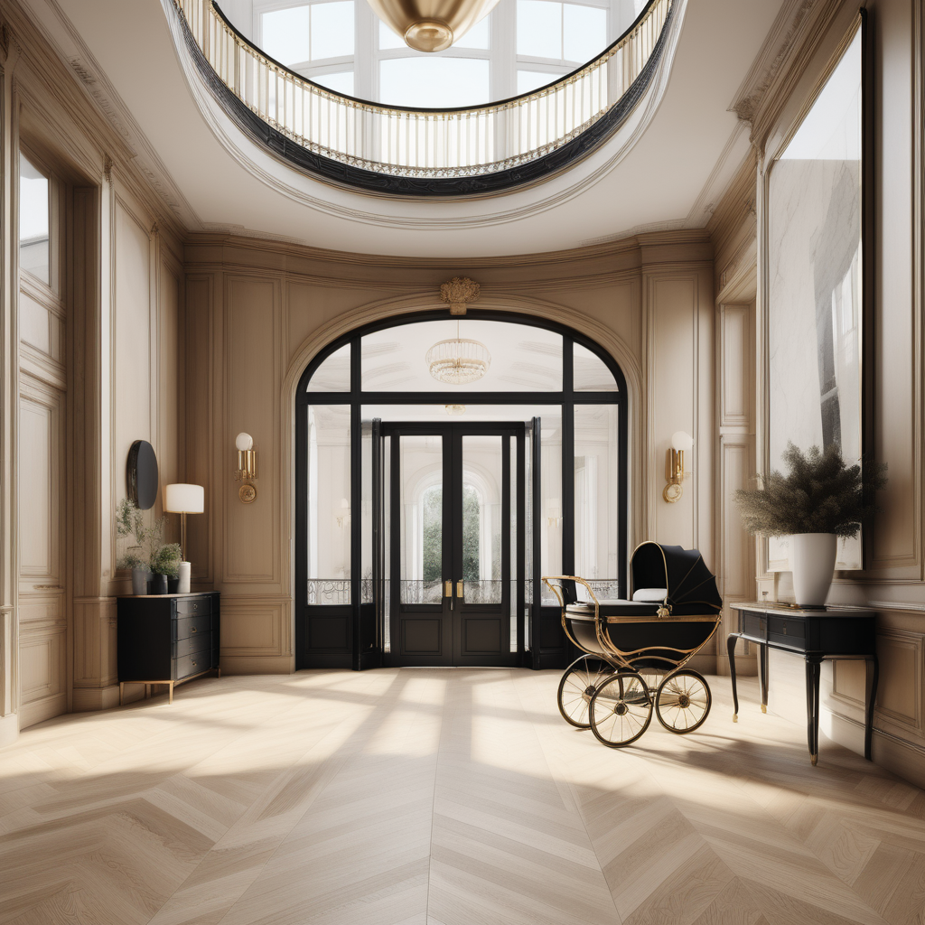 a hyperrealistic image of a grand modern Parisian entrance foyer with curved staircase; floor to ceiling windows; beige, oak, brass and black colour palette; Oak floor; A Vintage Pram
