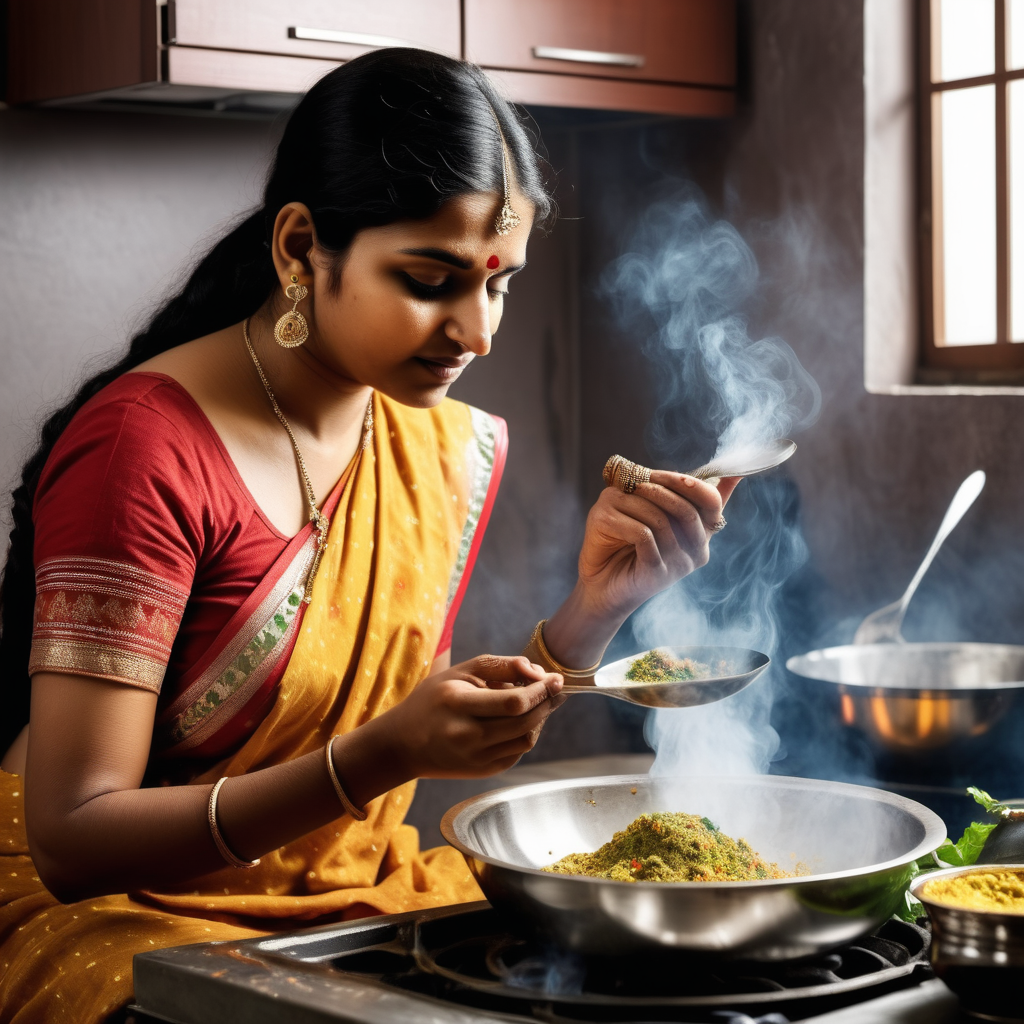 Indian women cooking dishes with   aroma smell from the dish,taking the dish with spoon and smelling