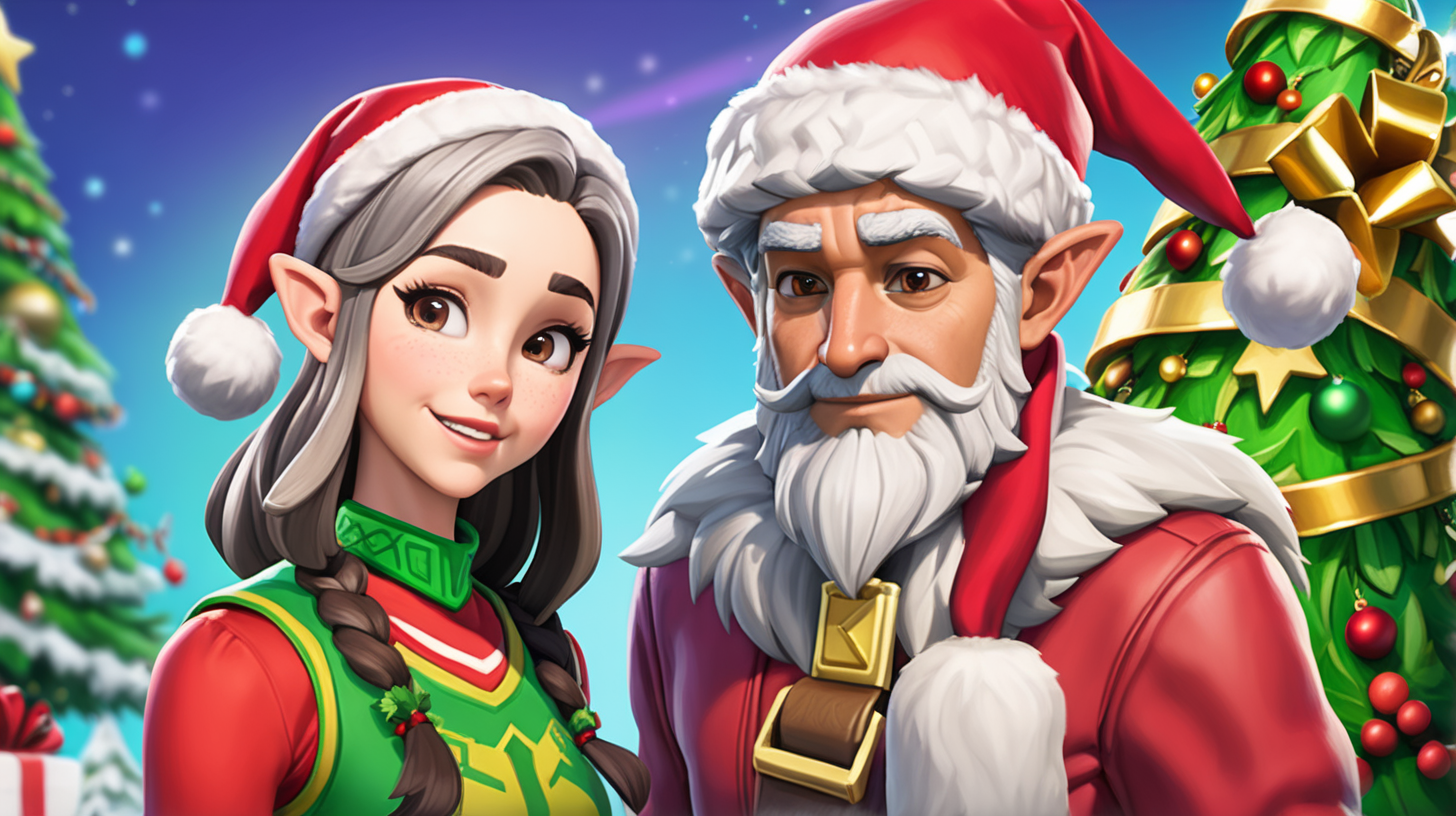 a grey haired man with a short beard wearing a santa hat and a short grey beard and a brunette woman who resembles ellen page wearing an elf hat in the style of the video game fortnite, with a christmas background