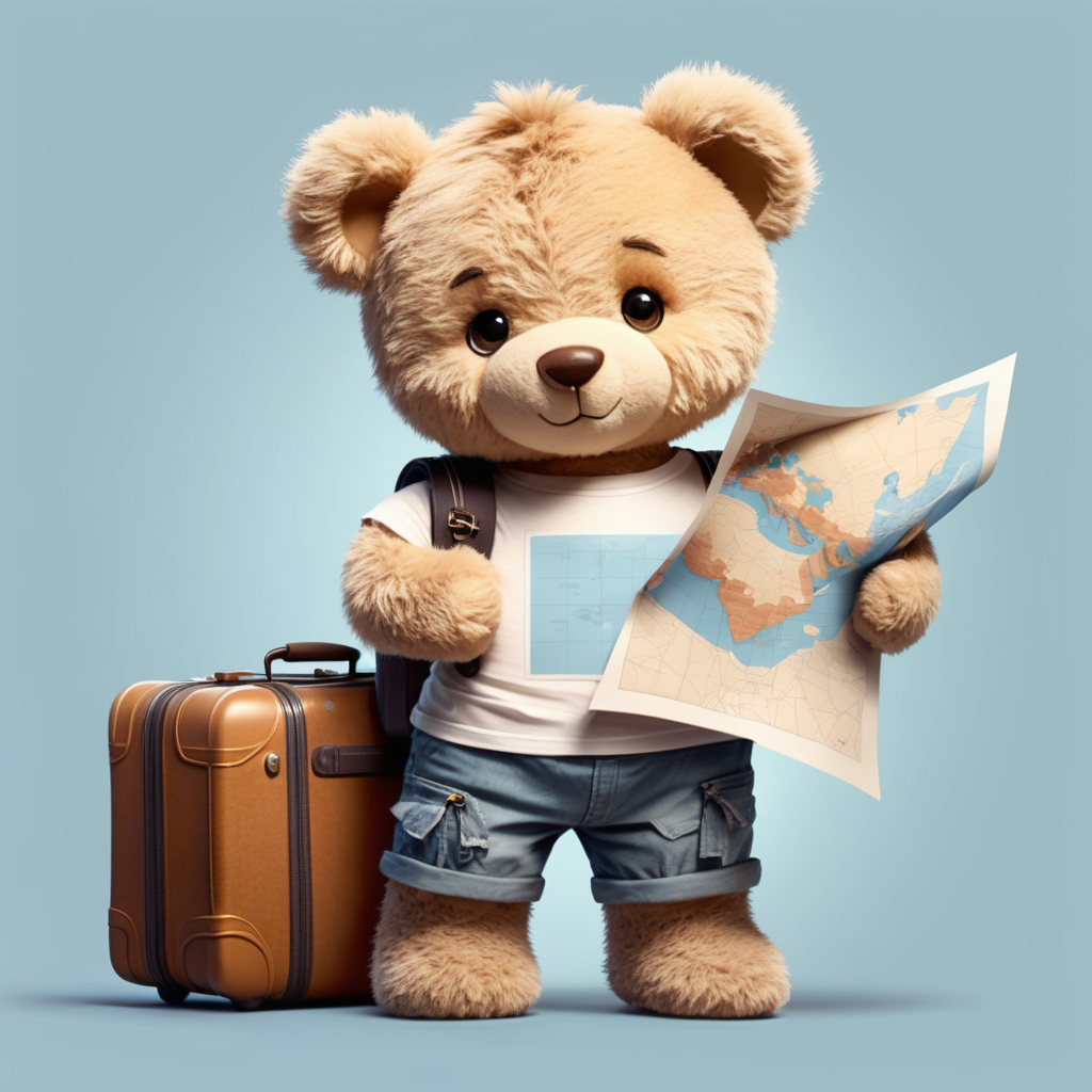 cute fluffy teddy, wearing t shirt and pant, holding map, luggage 