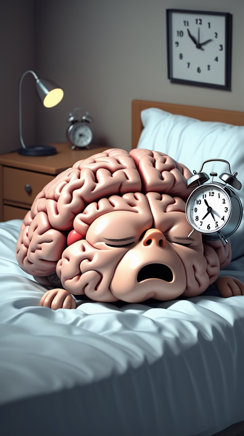 cartoon brain sleeping in bed like a human with it's alarm clock going off 4k