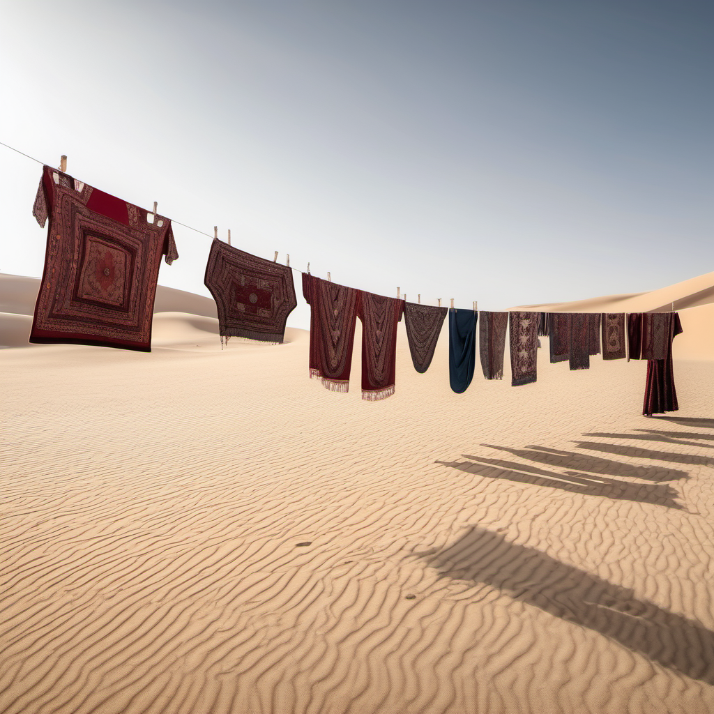 carpets and women bridal fabric hanging on washing line in the barren desert
