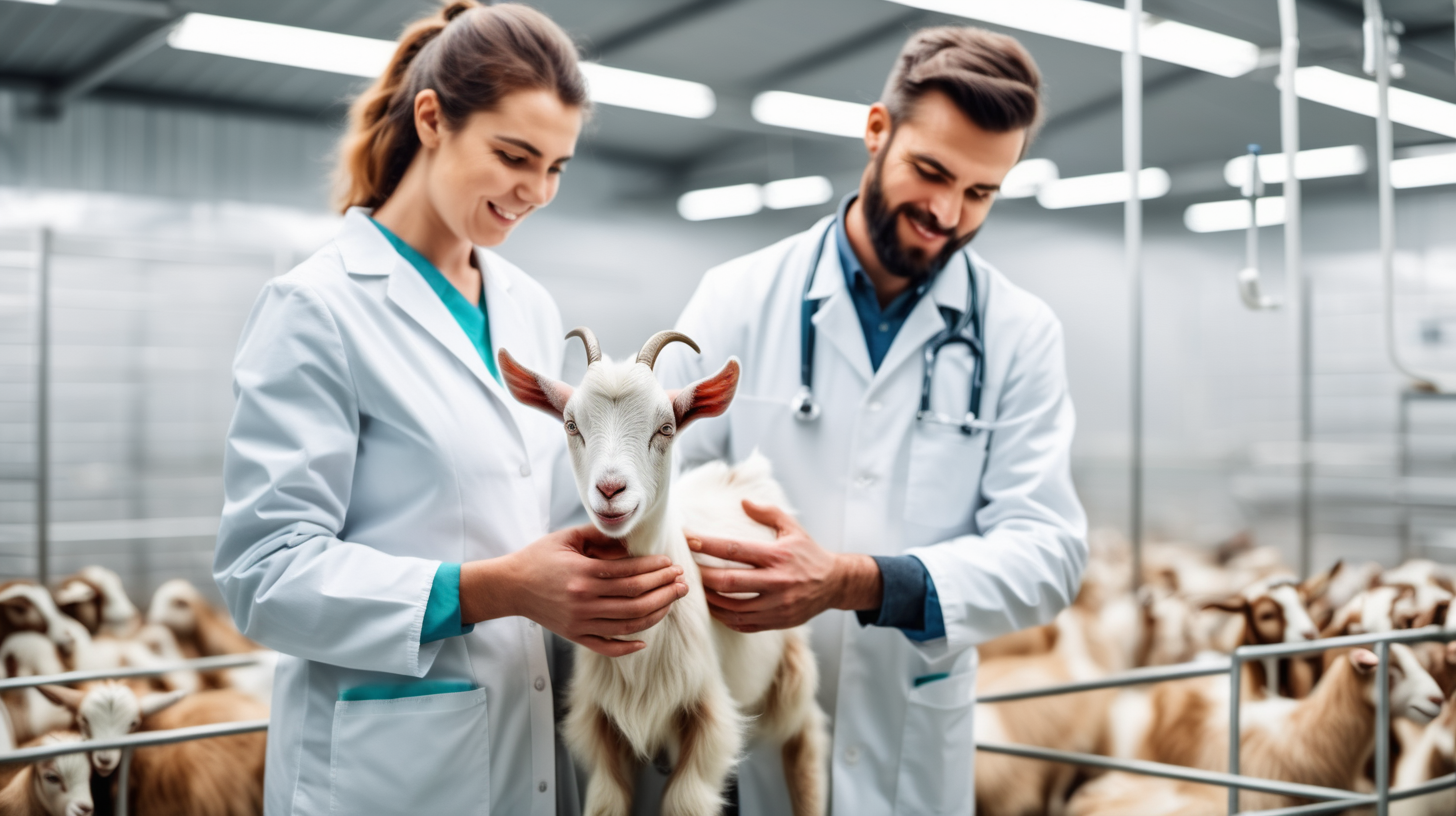 young goat with veterinarian in indoor modern farm