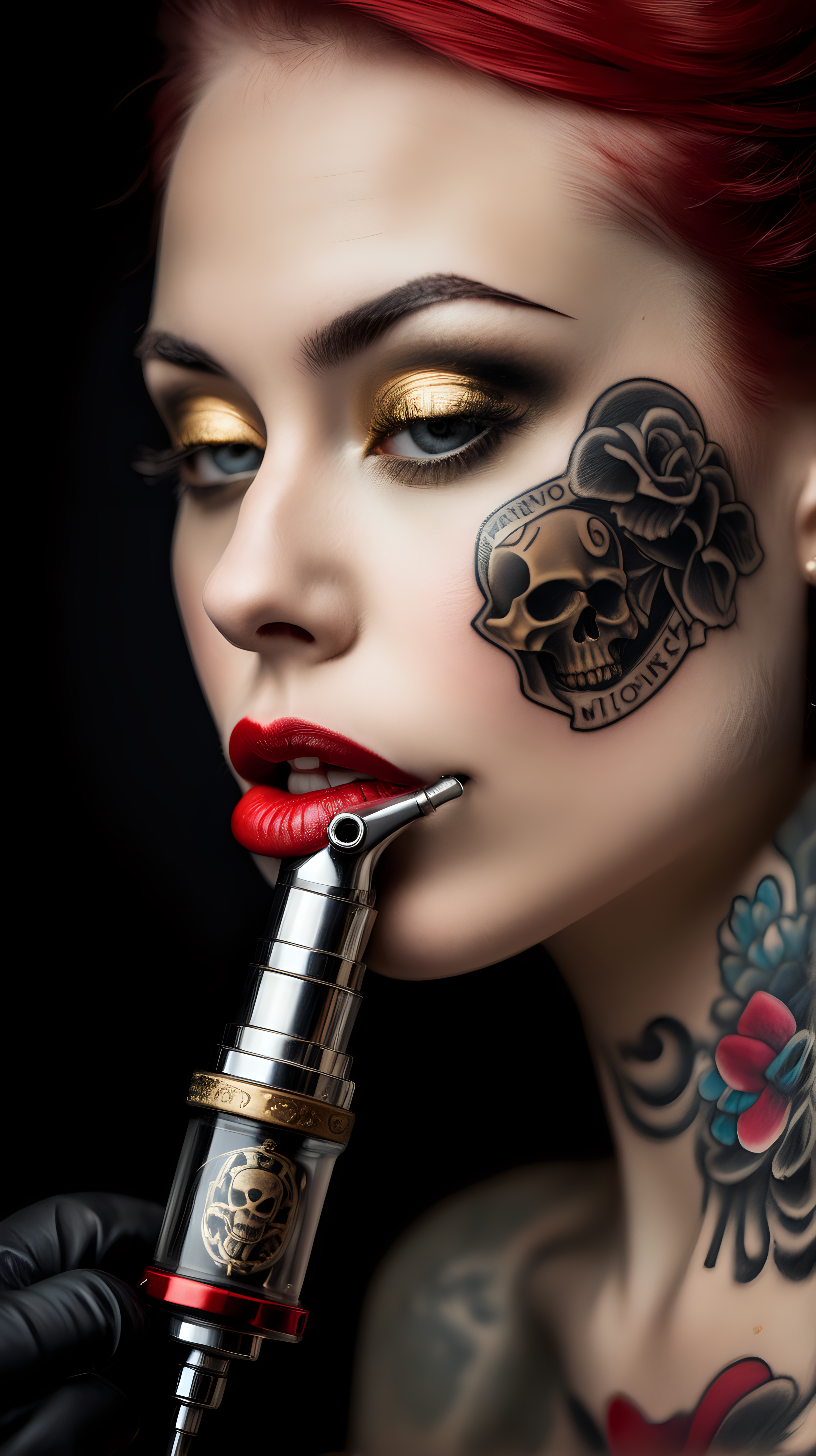 /imagine prompt : An ultra-realistic photograph captured with a canon 5d mark III camera, equipped with an macro lens at F 5.8 aperture setting, The camera is directly in front of the subject, capturing a vintage classic tattoo machine ,a pattern of the skull is engraved on it's golden tattoo grip , grabbed by a hand wearing black nitrile gloves . A beautiful woman whose only lips are visible in the picture is kissing the handle of the tattoo machine with her lips painted with red lipstick.
the hand is blurred and the focus sets on tattoo machine .
Soft spot light gracefully illuminates the subject and golden grip is shining. The background is absolutely black , highlighting the subject.
The image, shot in high resolution and a 16:9 aspect ratio, captures the subject’s  with stunning realism –ar 9:16 –v 5.2 –style raw
