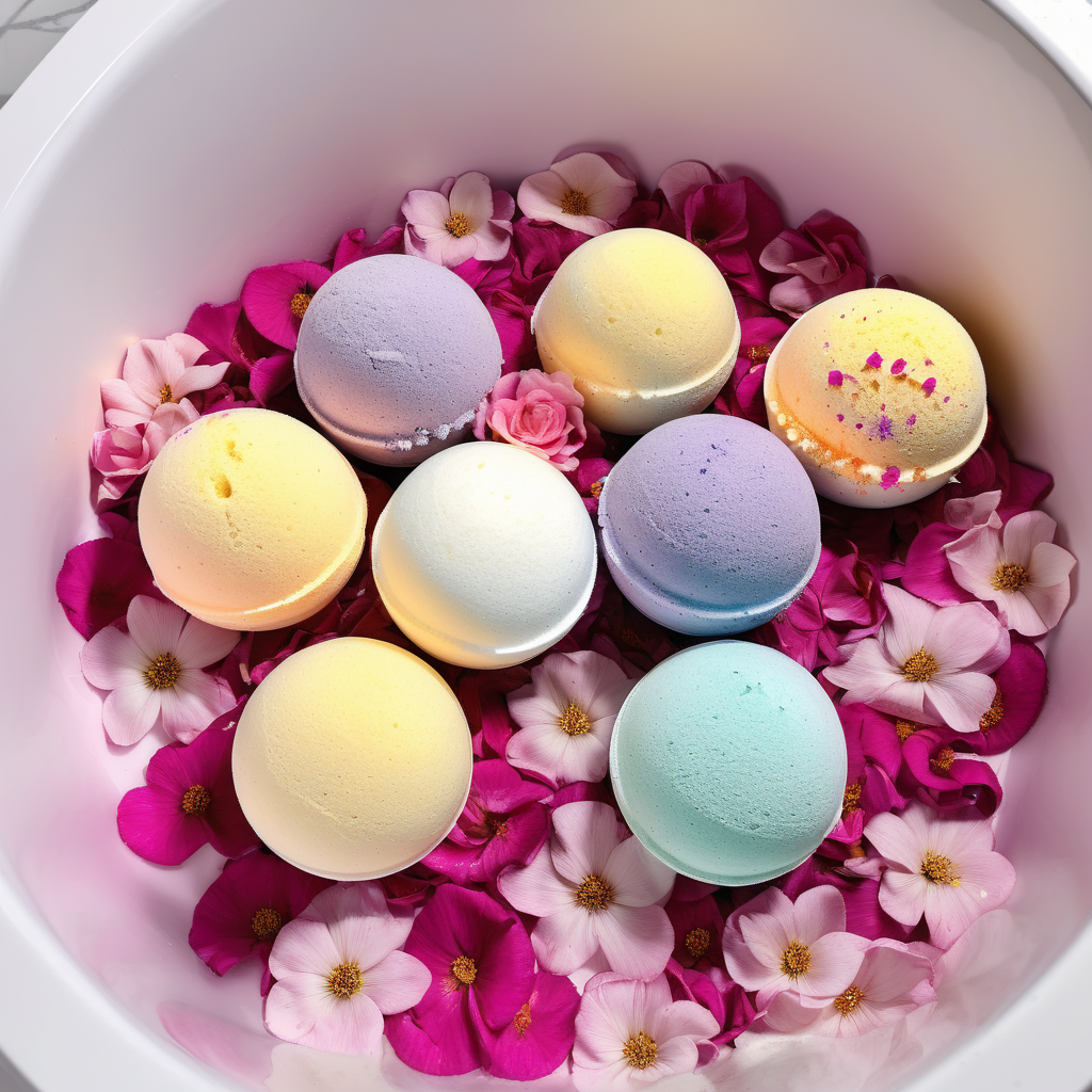 bath bombs that is displayed in the bath tub with flower pedals floating