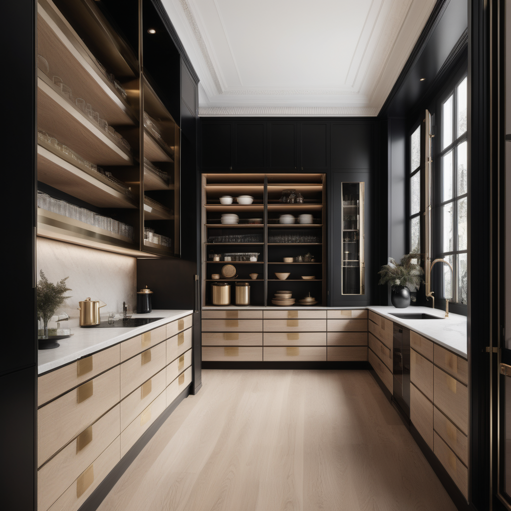 a hyperrealistic of a grand Modern Parisian butlers pantry with floor to ceiling windows in a beige oak brass and black colour palette 
