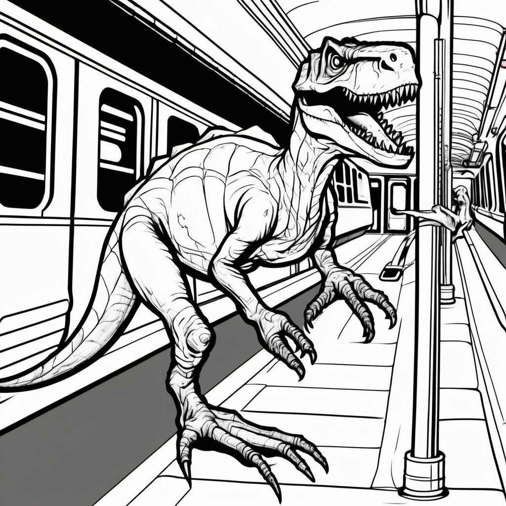 A dinosaur mixed with a spider, in the NYC subway, coloring book pages