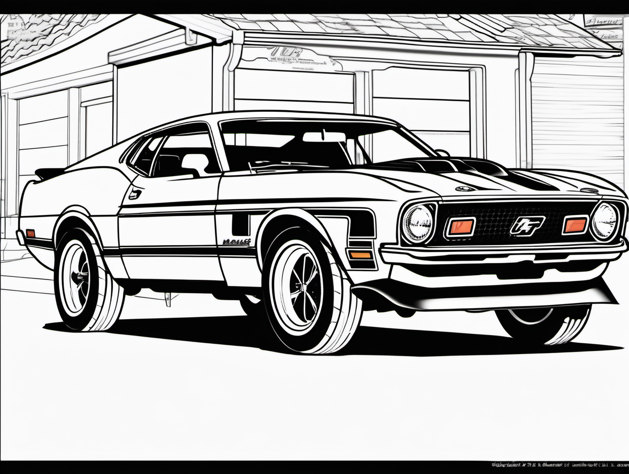 coloring page for adults, classic American automobile, 1971 Ford Mustang Mach 1, clean line art, high detail, no shade