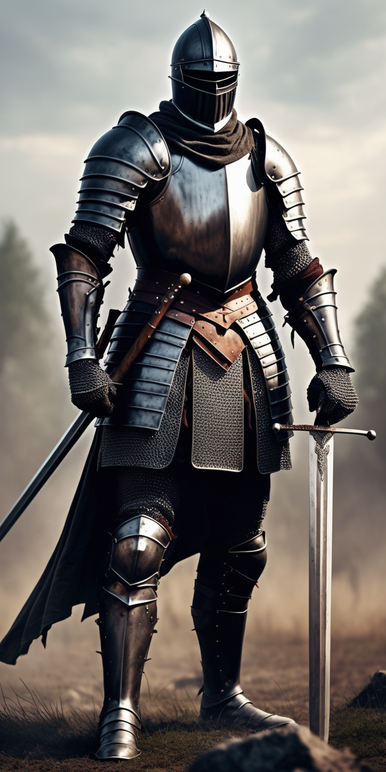 Realistic medieval muscular dark short haired knight with sword on battlefield