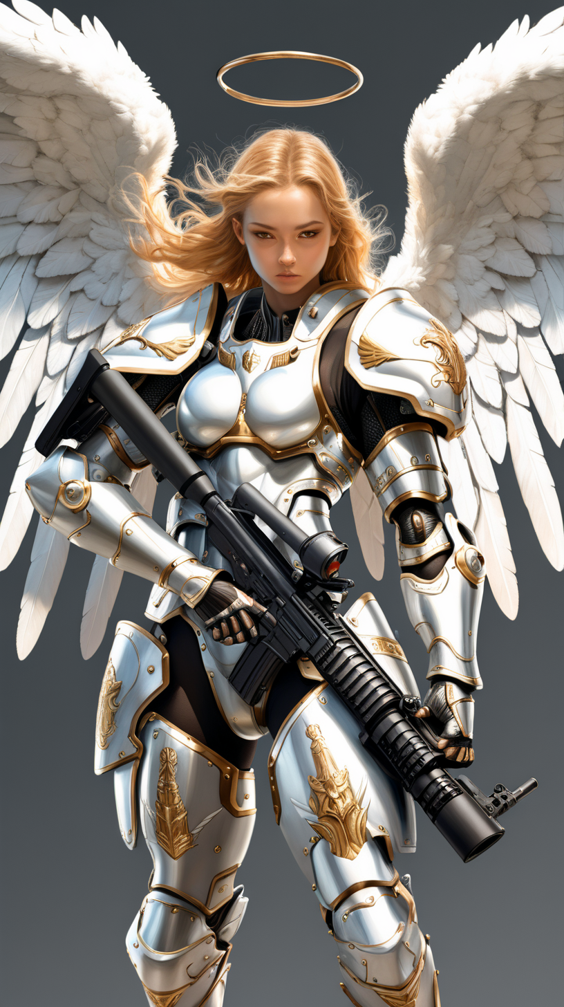 A angel woman with wings wearing armor and using a mini gun