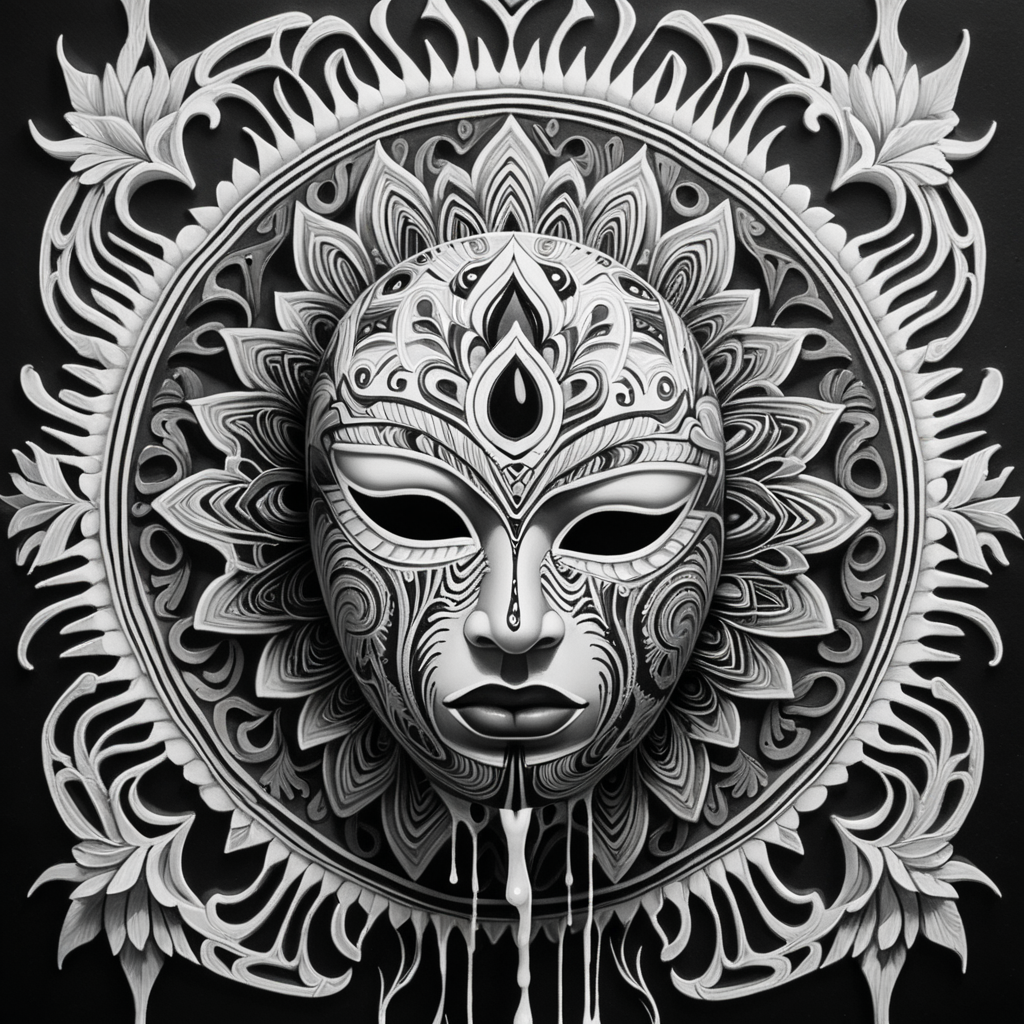 black & white, high details, symmetrical mandala, strong lines, frowning face mask that is melting, dripping