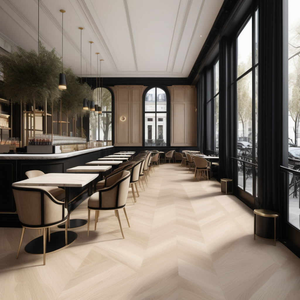 A hyperrealistic image a grand Modern Parisian cafe  in a beige oak brass and black colour palette with floor to ceiling windows and