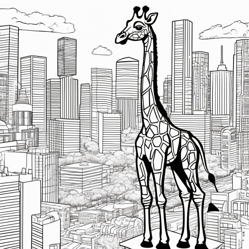 /imagine colouring page for kids, Giraffe Superhero Team, in action-packed cityscape, thick lines, low details, no shading --ar 9:11