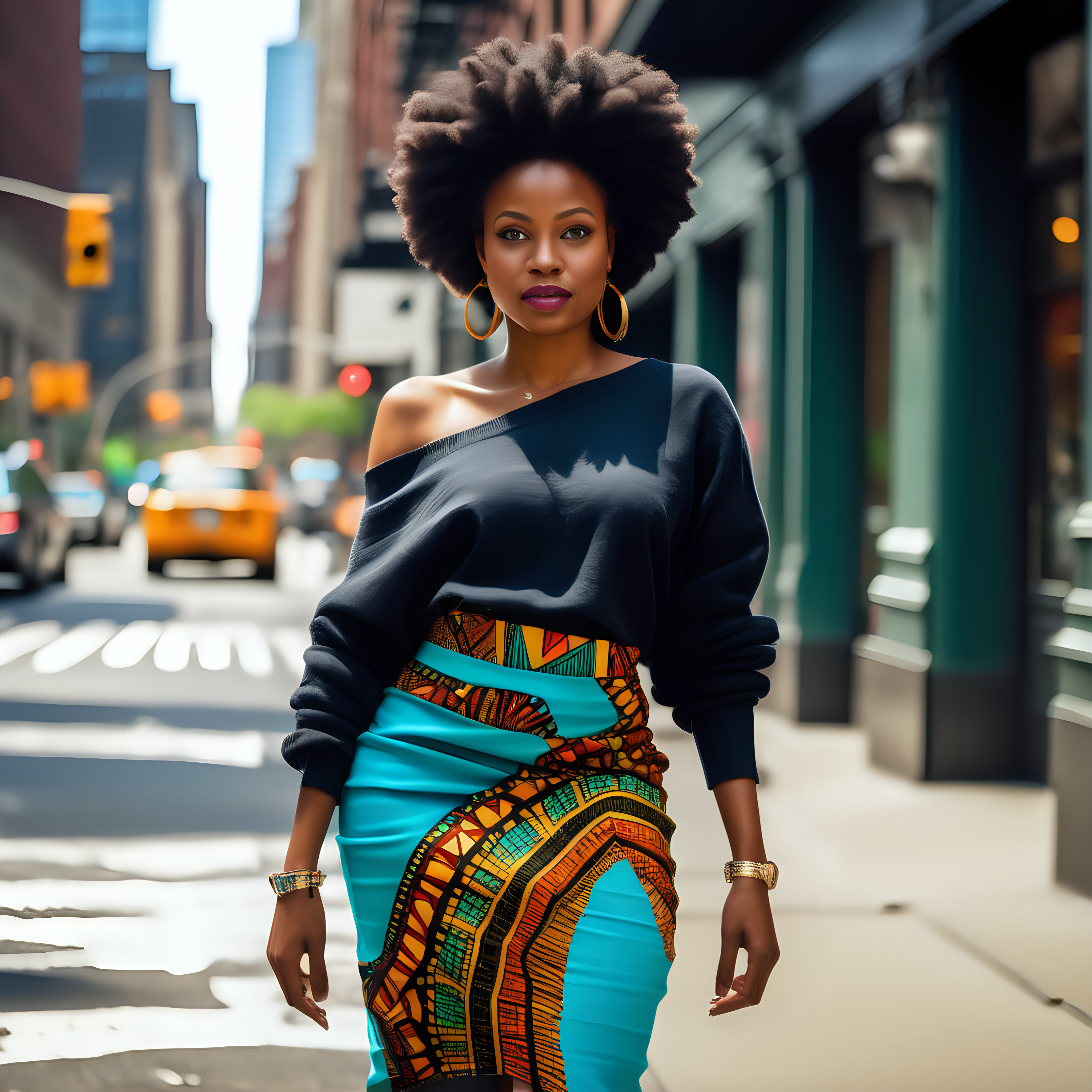 Beautiful Black African woman, wearing a multi color African print Skirt, wearing an asymetric, turquoise style, wide neck sweater that drapes off one shoulder, down to the ankles,  Vibrant images that represent African heritage, In downtown Manhattan 4k, high definition, high resolution, light source from above right