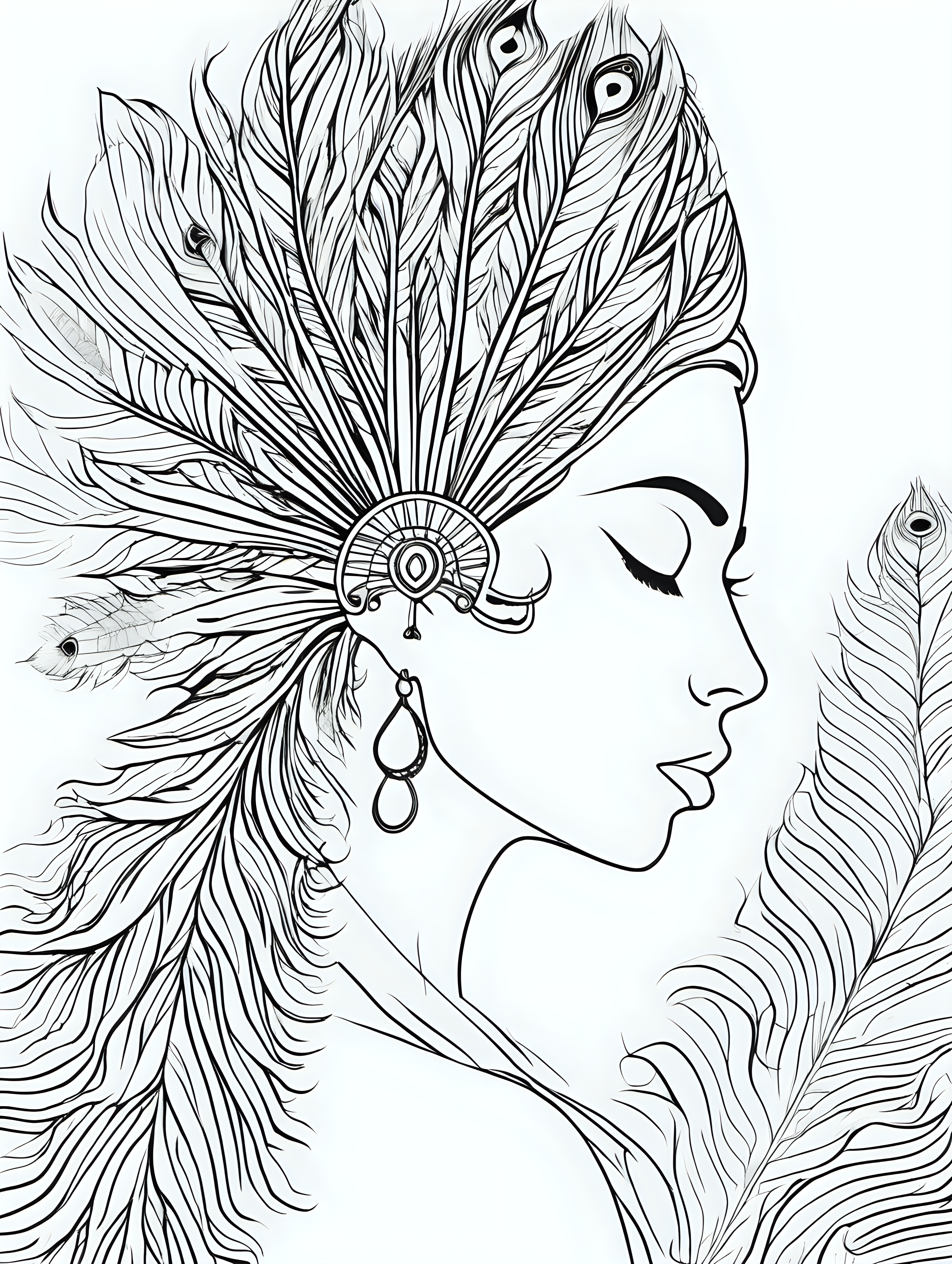 peacock feather woman ,coloring page, simple draw, no colors, 