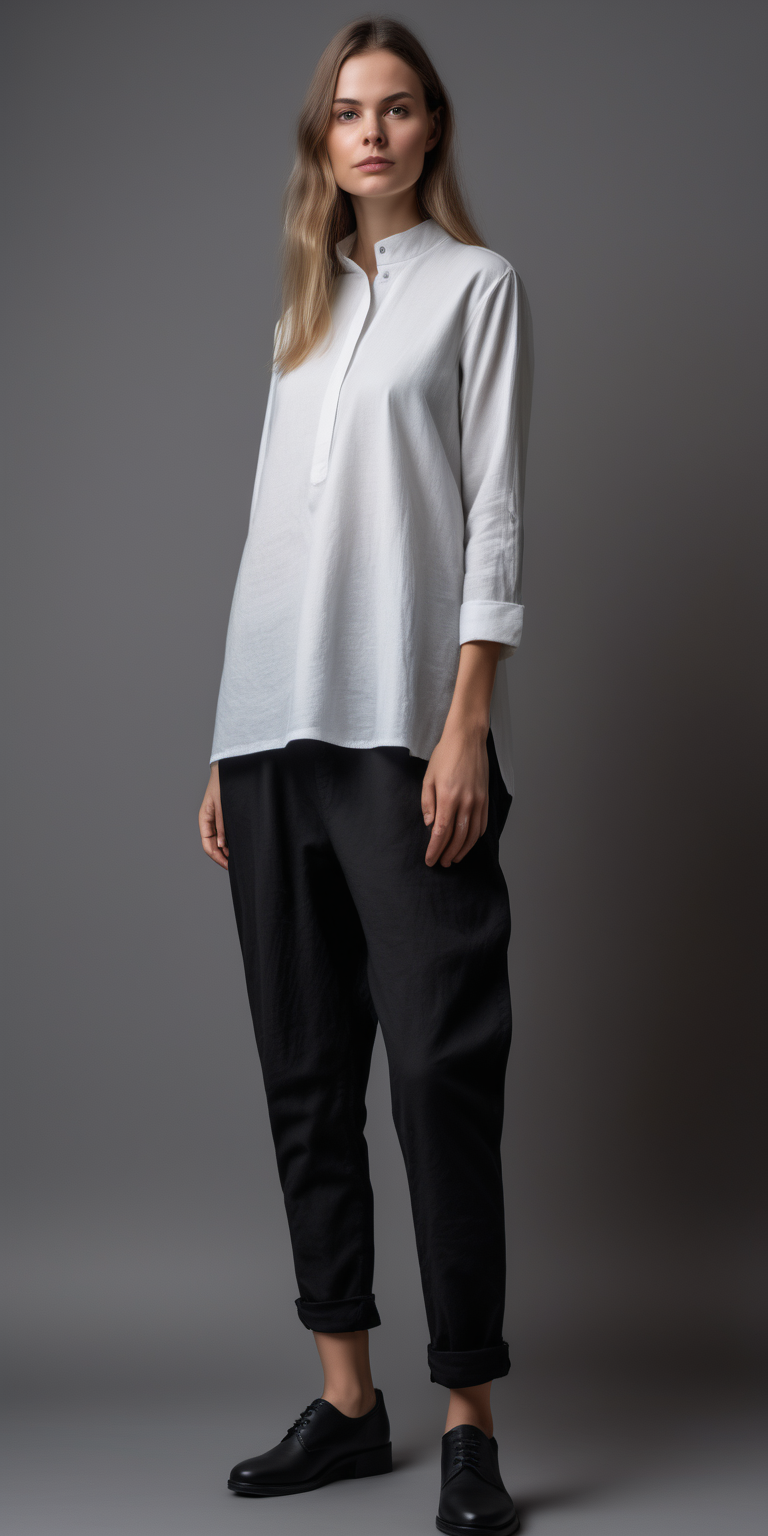 Woman wearing white long-sleeved tunic,shirt collar, black loose canvas trousers, black sneakers, straight front stance ,uniform design,  full body, art,  35mm photography, modern fashion, gray backround, 