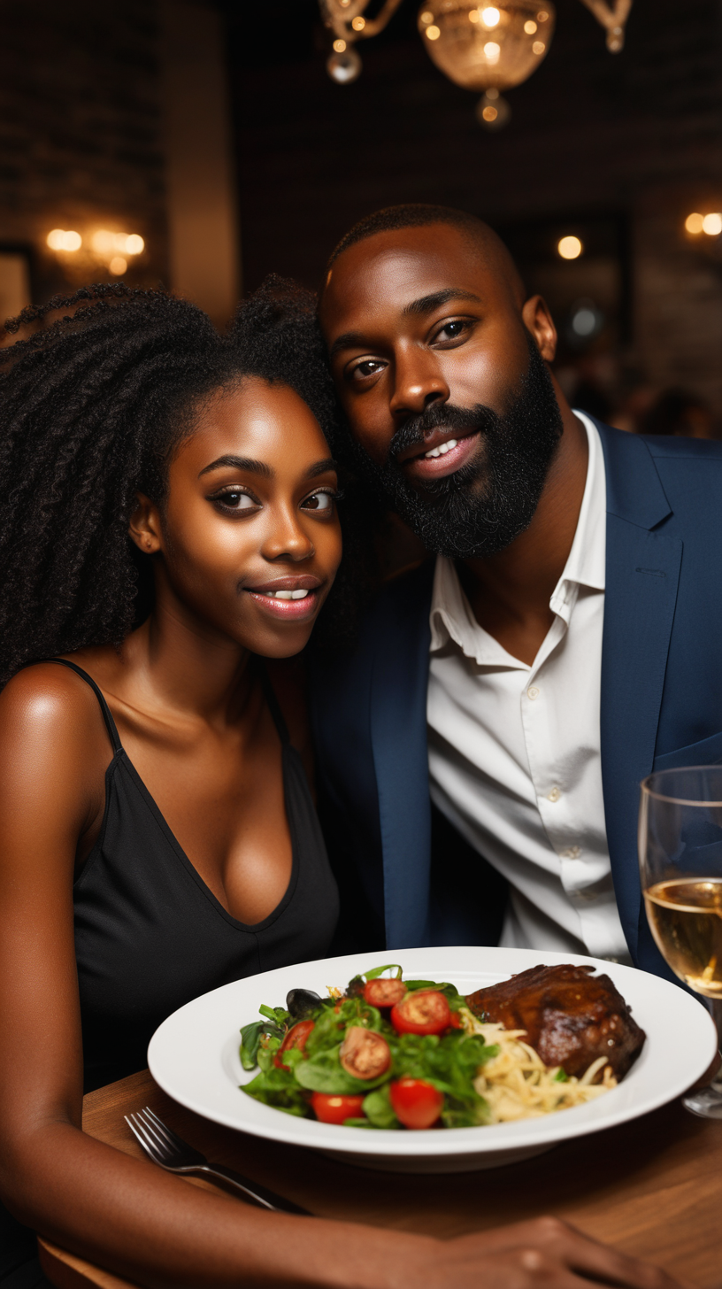 Black man with beard with Black Girlfriend at dinner