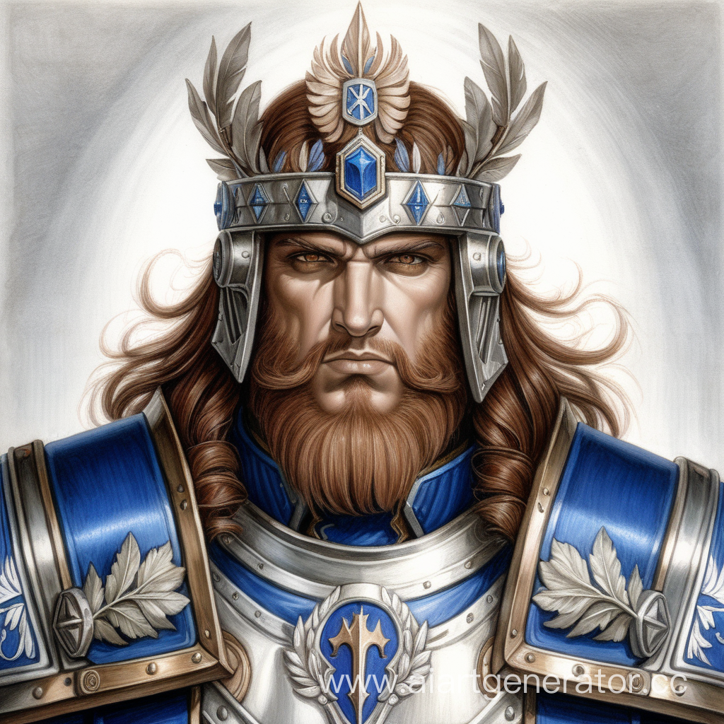 Примарх царь Леонид, каштановые волосы, карие глаза, небольшая бородка, лавровый венок на голове, серебряная броня и голубая одежда, warhammer, симметрия, рисунок карандашом, портрет